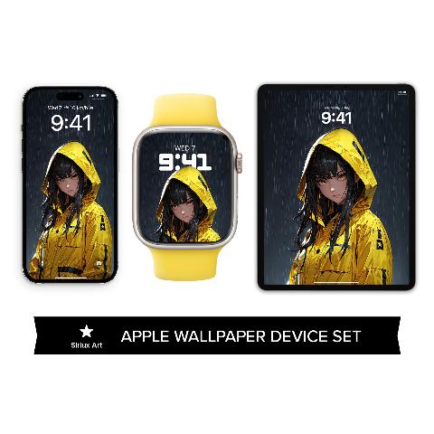 An iPhone, Apple Watch, and iPad showing a digital artwork of an anime girl in a bright yellow hooded raincoat under falling rain against a dark background.