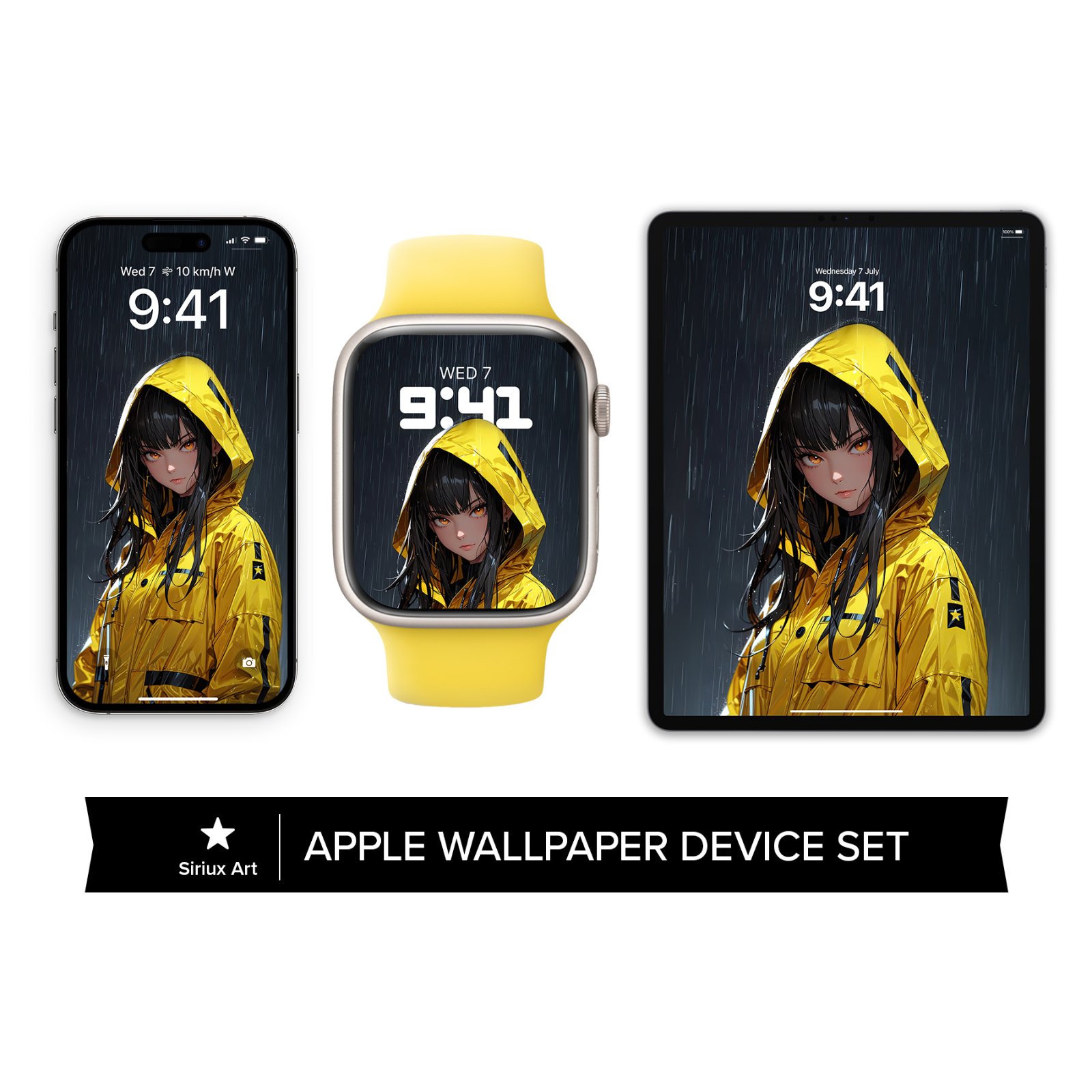 An iPhone, Apple Watch, and iPad showing a digital artwork of an anime girl in a bright yellow hooded raincoat under falling rain against a dark background.