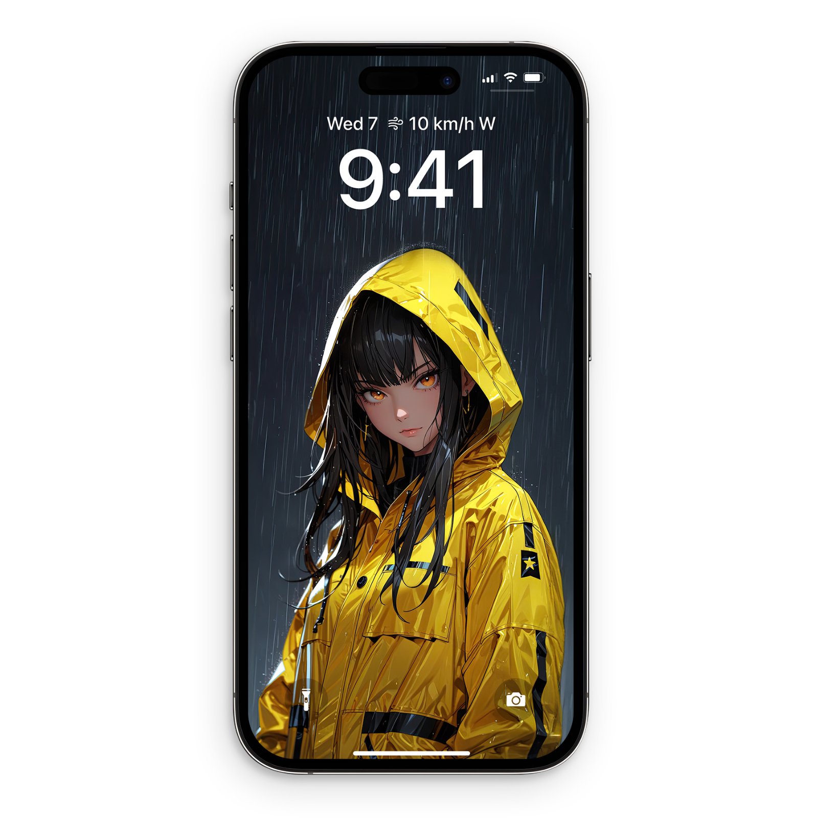 An iPhone displaying an anime girl with dark hair and amber eyes wearing a yellow raincoat under a rainy sky.