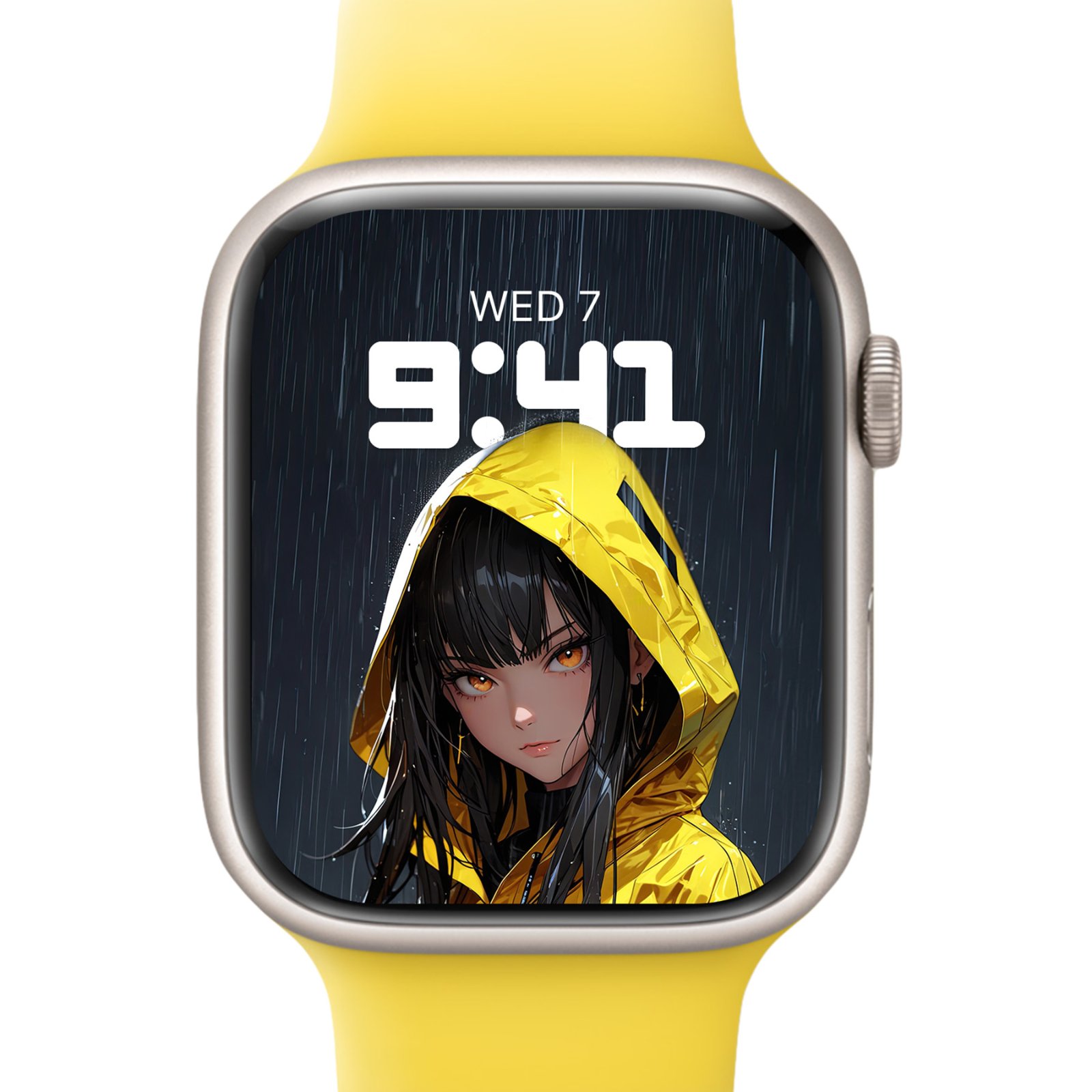 An Apple Watch with a yellow wristband featuring a close-up wallpaper of an anime girl in a yellow hood against rain streaks.