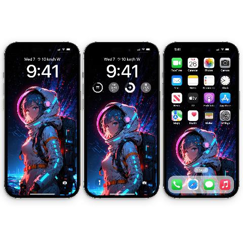 Three smartphones displaying a vertical digital wallpaper of an anime female astronaut in a white space suit illuminated by magenta and cyan neon lights against a dark star-filled space background.