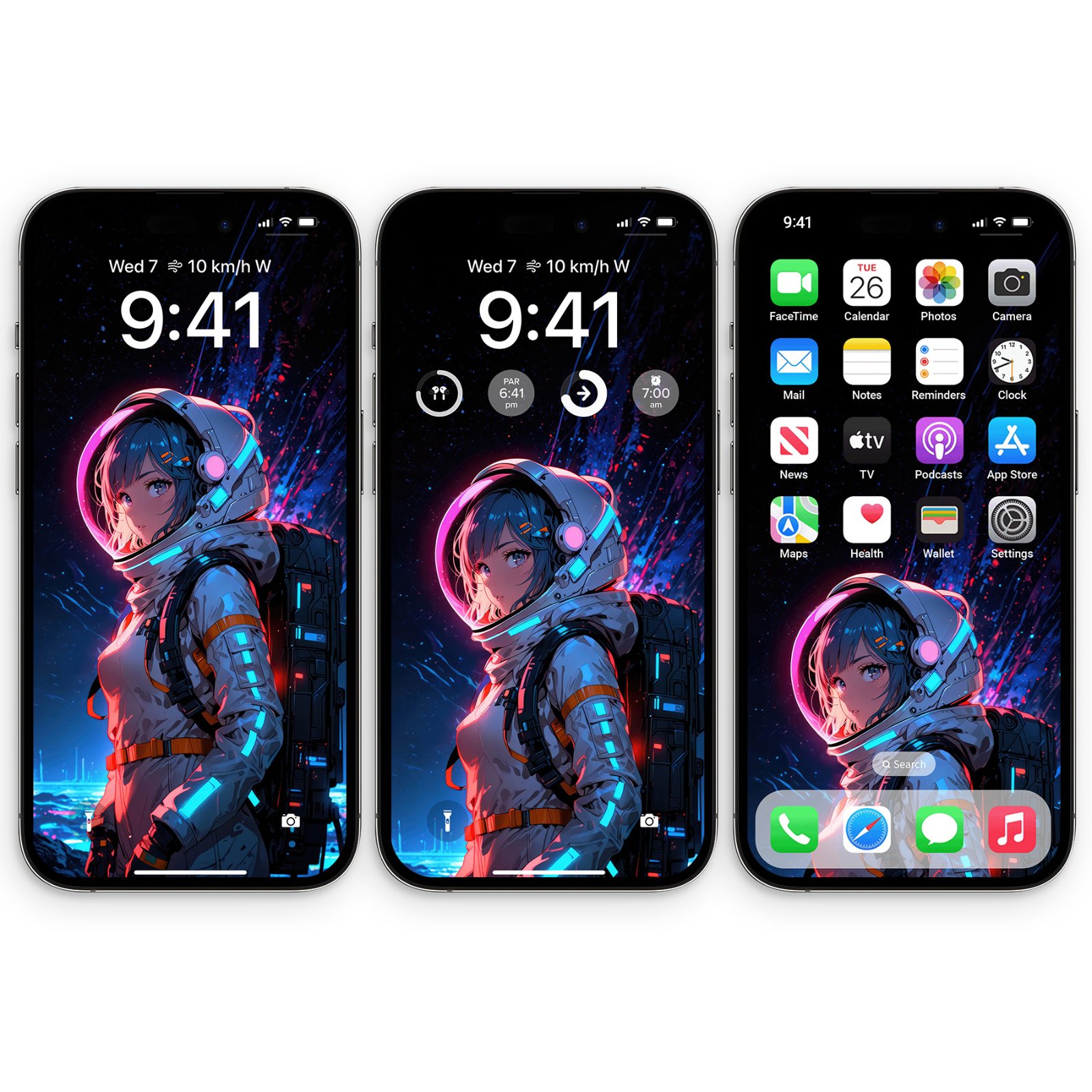 Three smartphones displaying a vertical digital wallpaper of an anime female astronaut in a white space suit illuminated by magenta and cyan neon lights against a dark star-filled space background.
