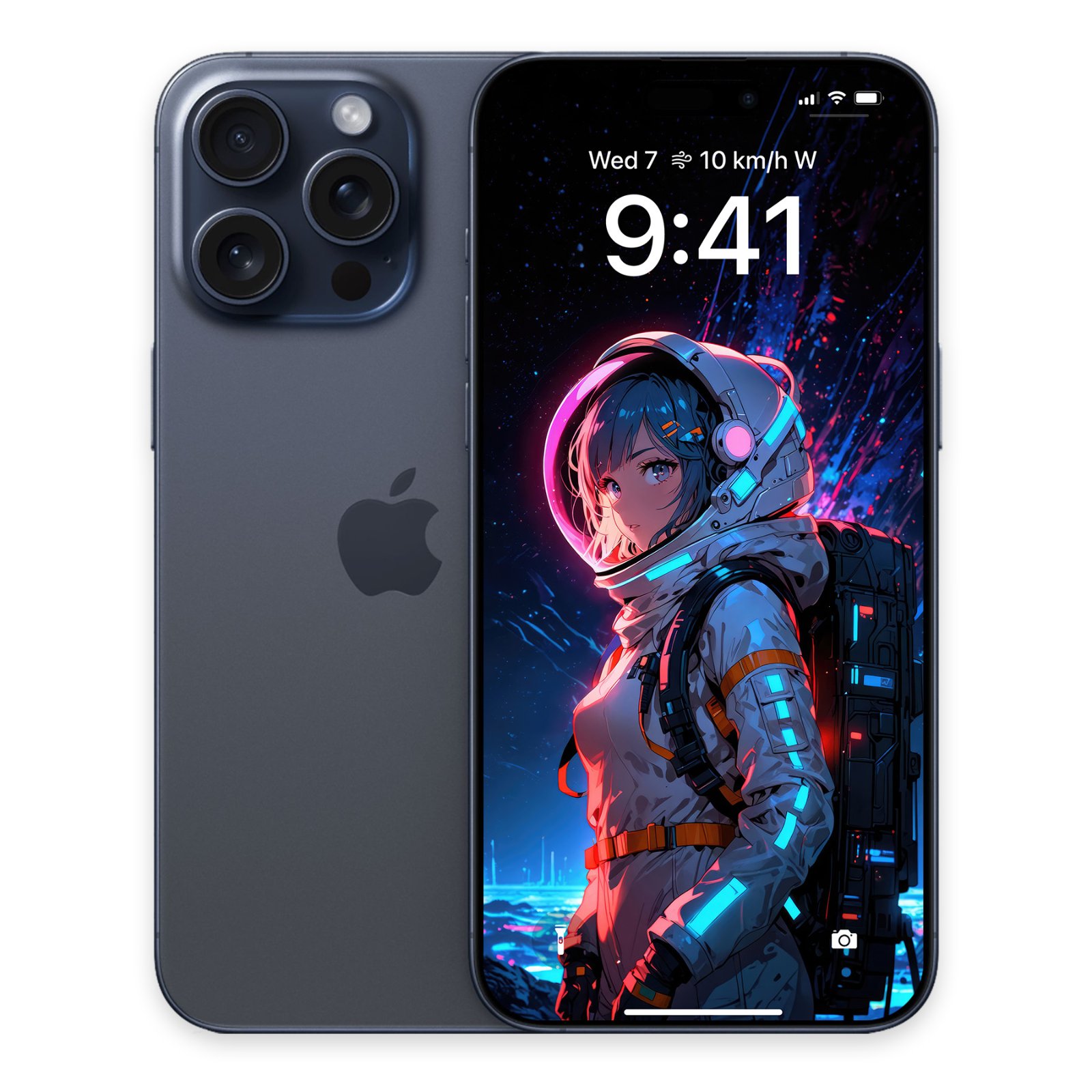 A dark grey smartphone next to its display screen showing a female anime astronaut wearing a illuminated space helmet with cyan and magenta neon backlighting.