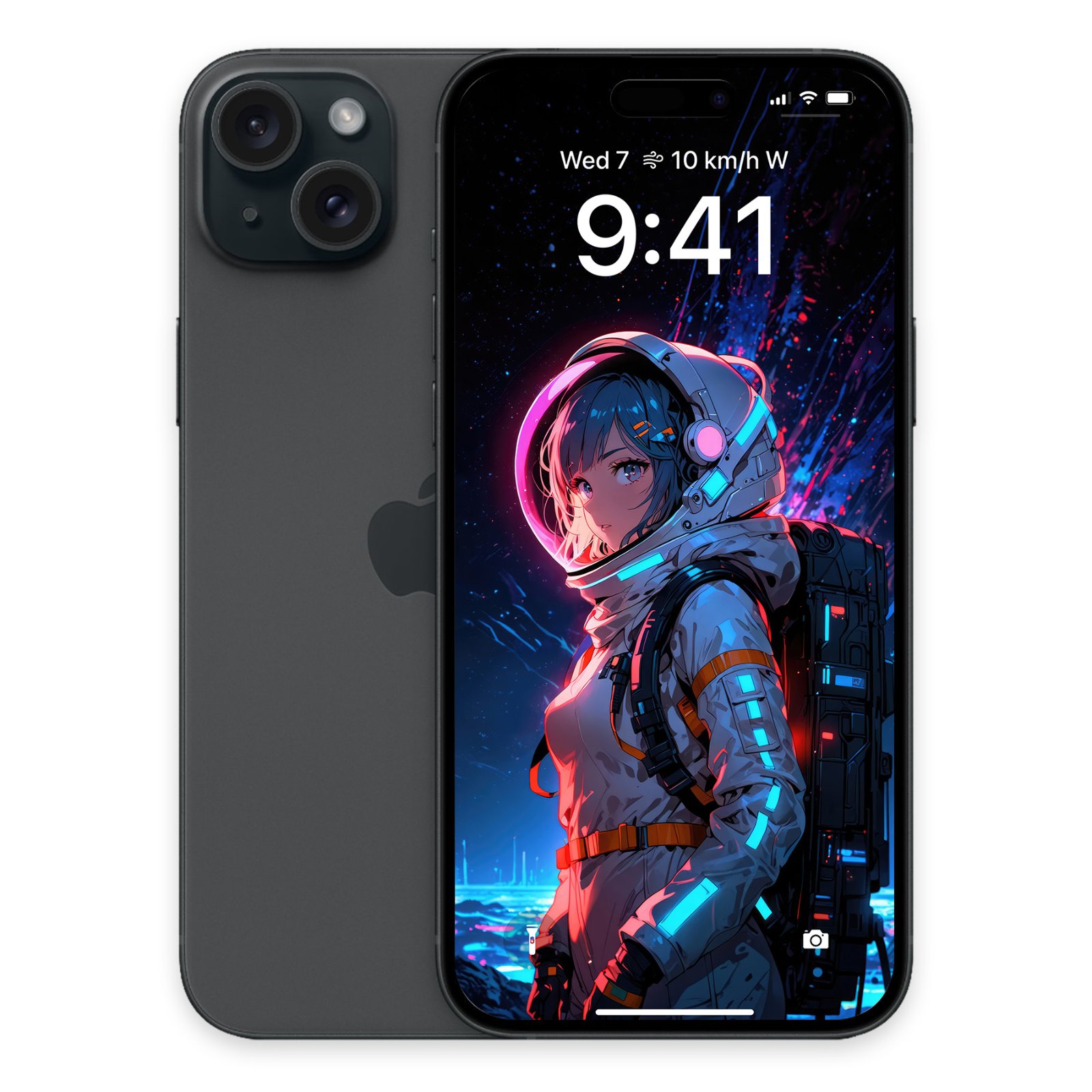 A black smartphone resting beside its screen display featuring a neon-lit anime space traveler against a deep cosmic backdrop.