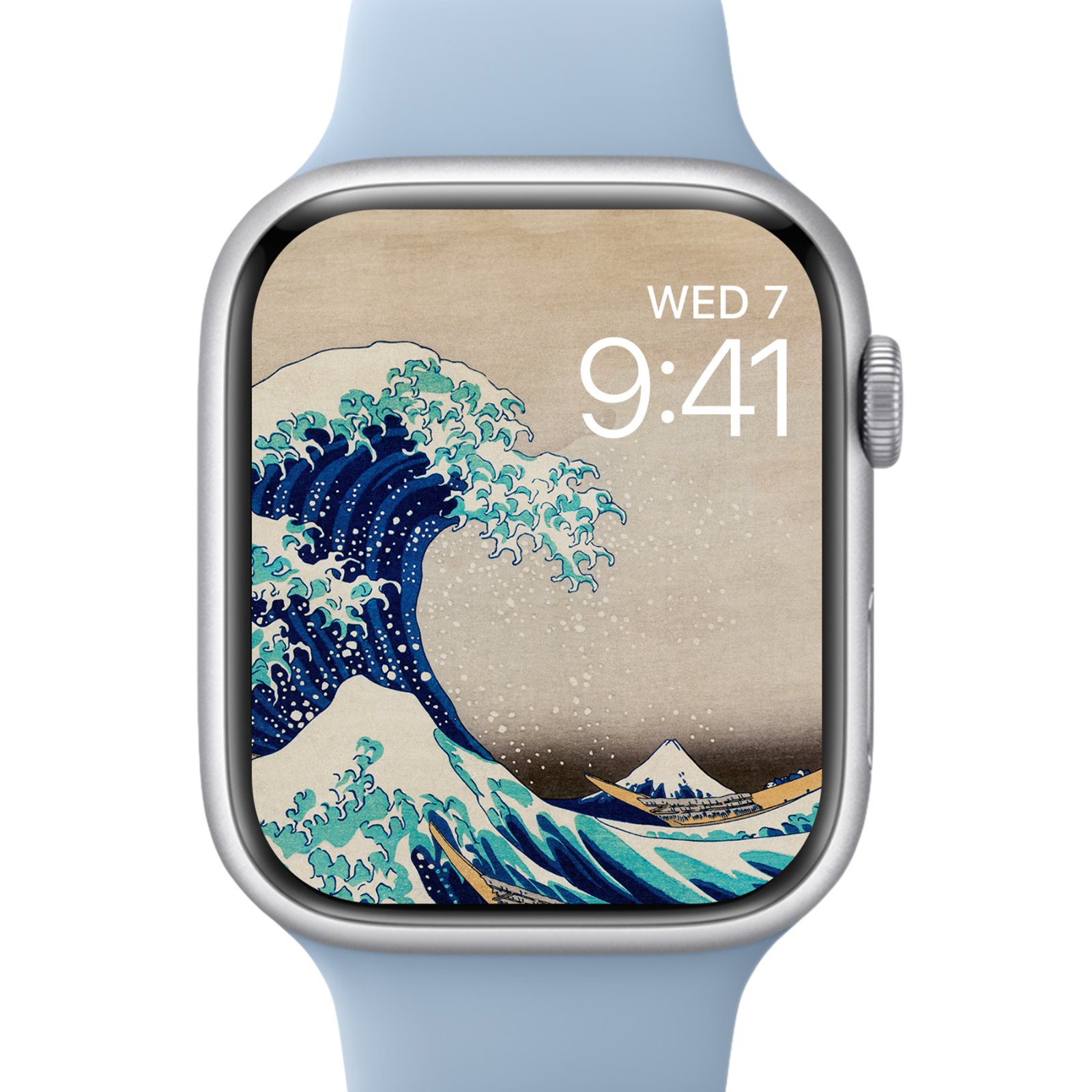 A silver Apple Watch with a light blue band displaying Hokusai's The Great Wave Off Kanagawa digital wallpaper on its watch face, showing the time and date.