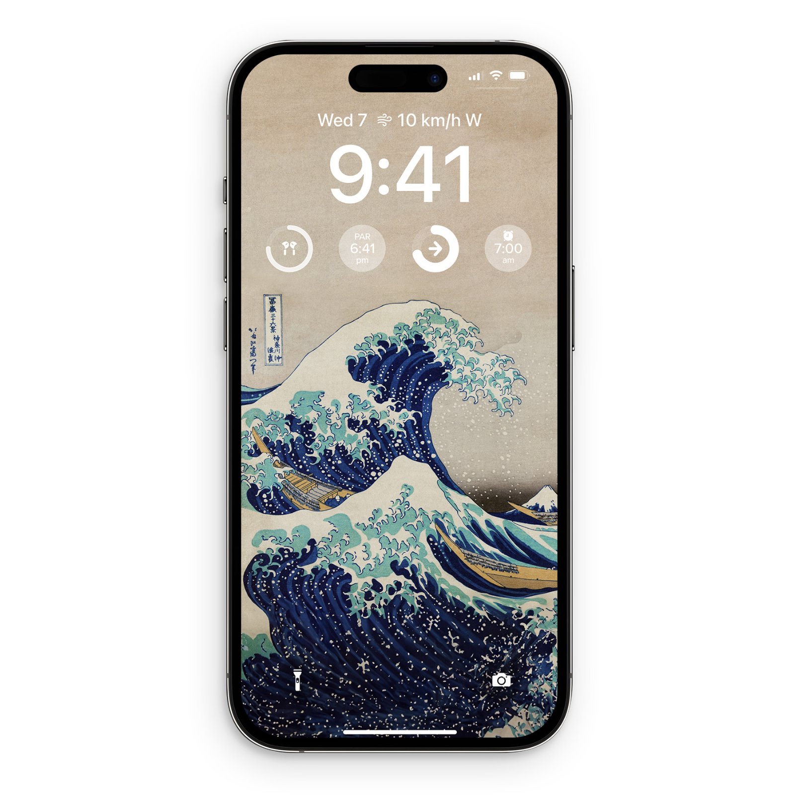 A silver iPhone displaying Hokusai's The Great Wave Off Kanagawa digital wallpaper on its lock screen, showing the time and date.