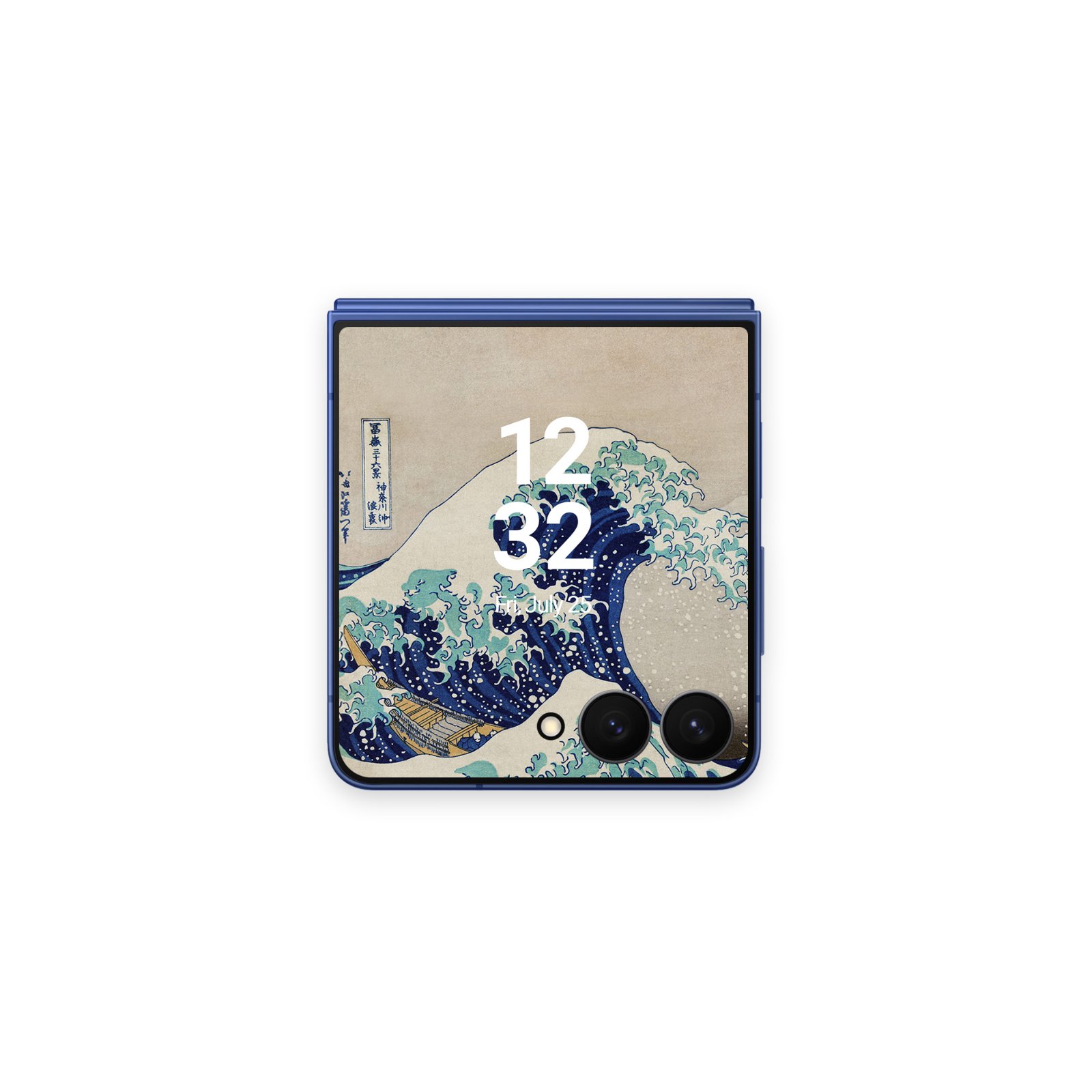A dark blue folding smartphone partially opened, showing the Great Wave wallpaper seamlessly spanning across the main screen bend.