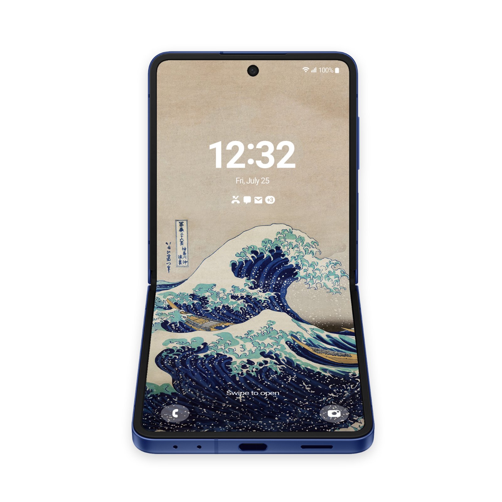 A fully opened dark blue smartphone displaying the complete Great Wave off Kanagawa wallpaper on its main screen with lock screen clock.