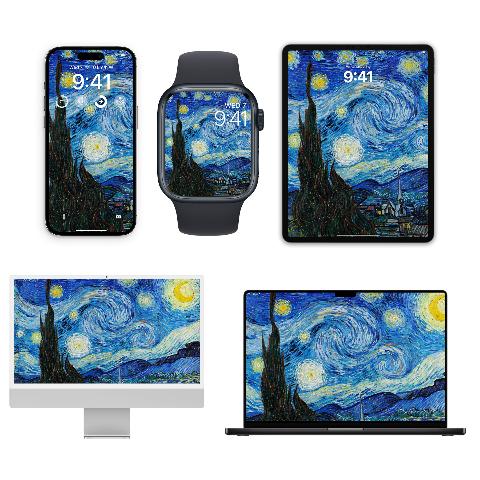 A collage showing the Starry Night wallpaper on an iPhone, an Apple Watch, an iPad in portrait orientation, an iMac, and a MacBook.