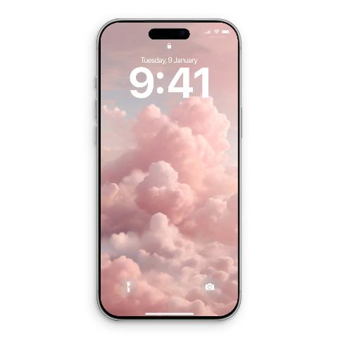 A smartphone display showcasing voluminous fluffy pink and peach clouds under a light blush sky with white digital clock overlay.