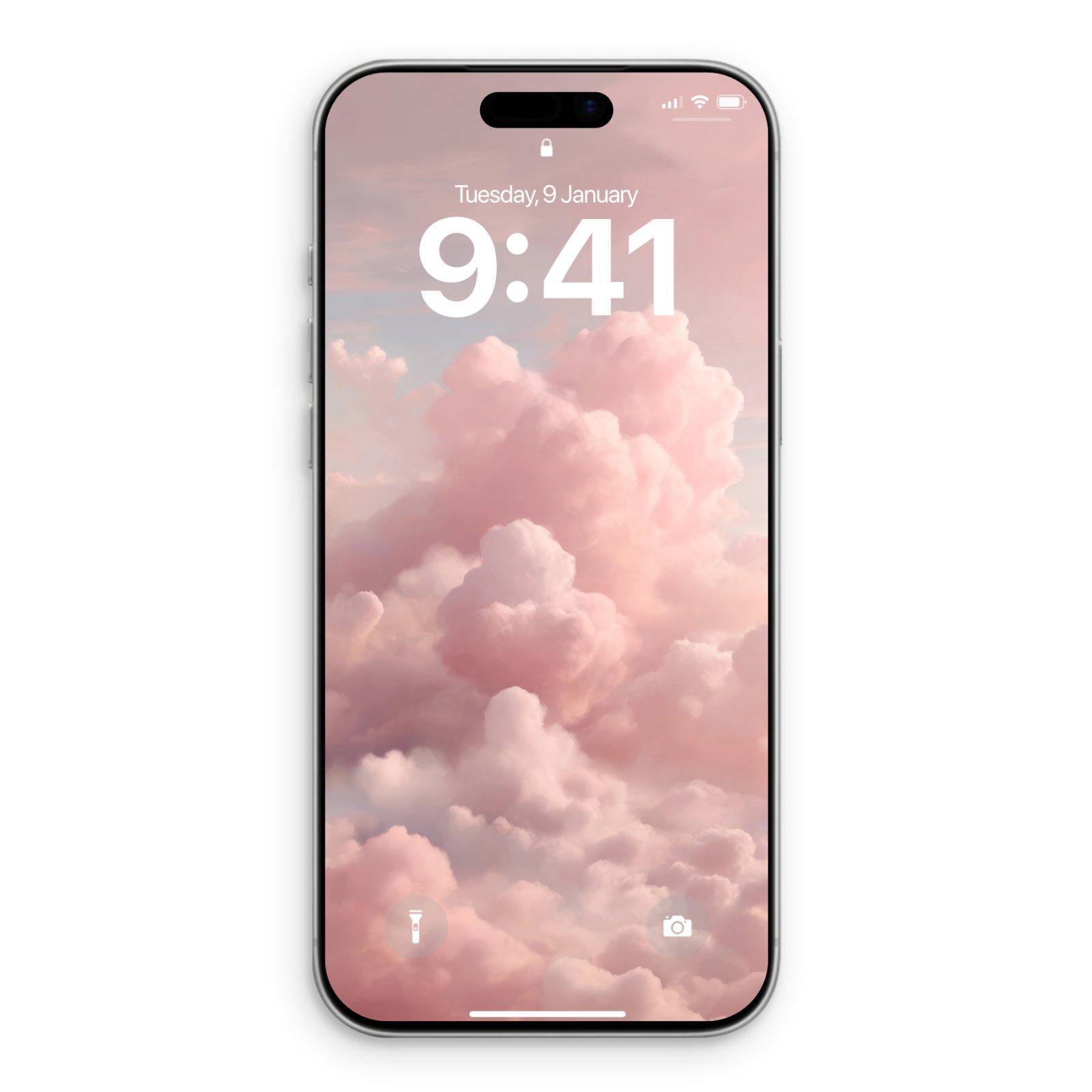 A smartphone display showcasing voluminous fluffy pink and peach clouds under a light blush sky with white digital clock overlay.