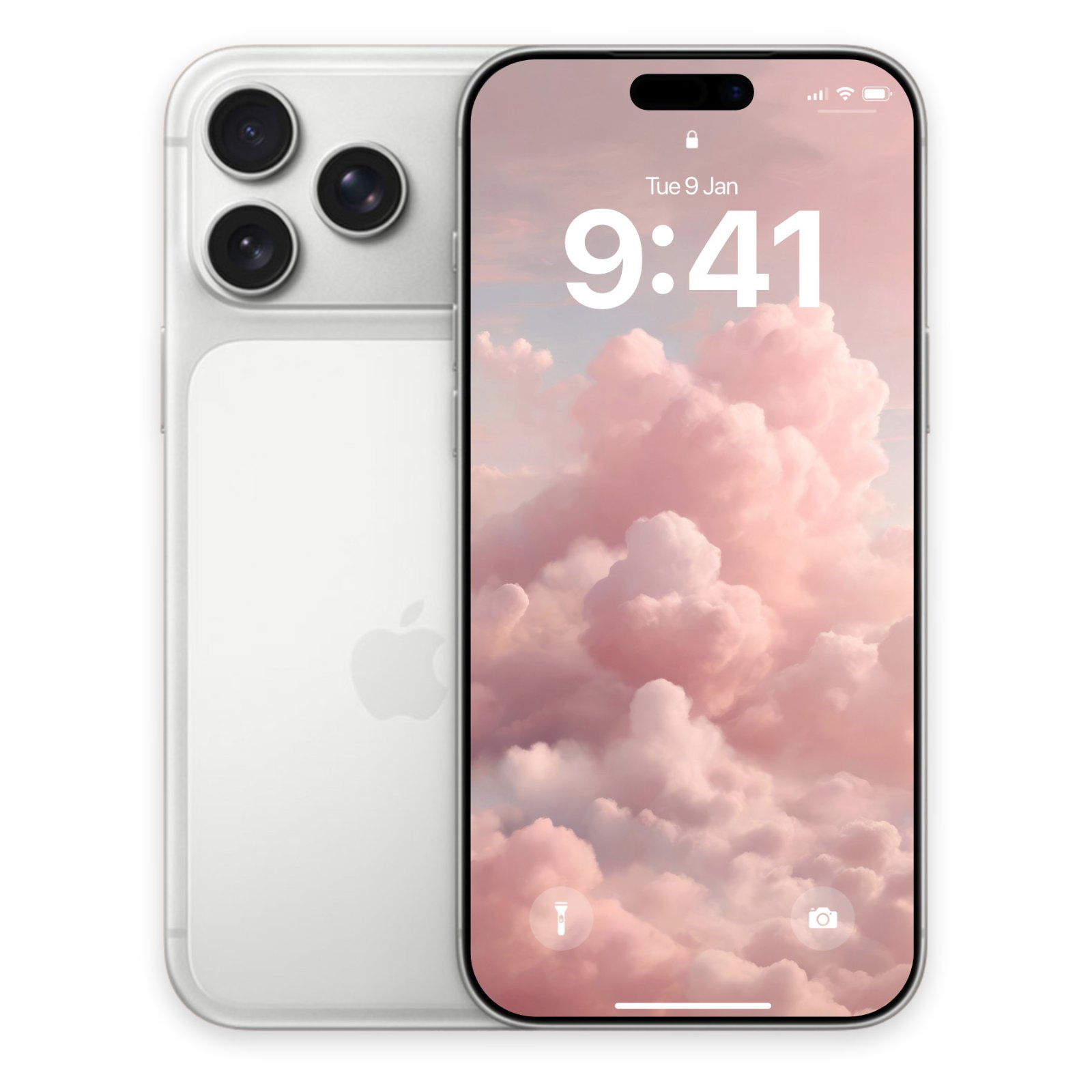 A silver smartphone displaying fluffy pink clouds next to the rear view of the silver device.