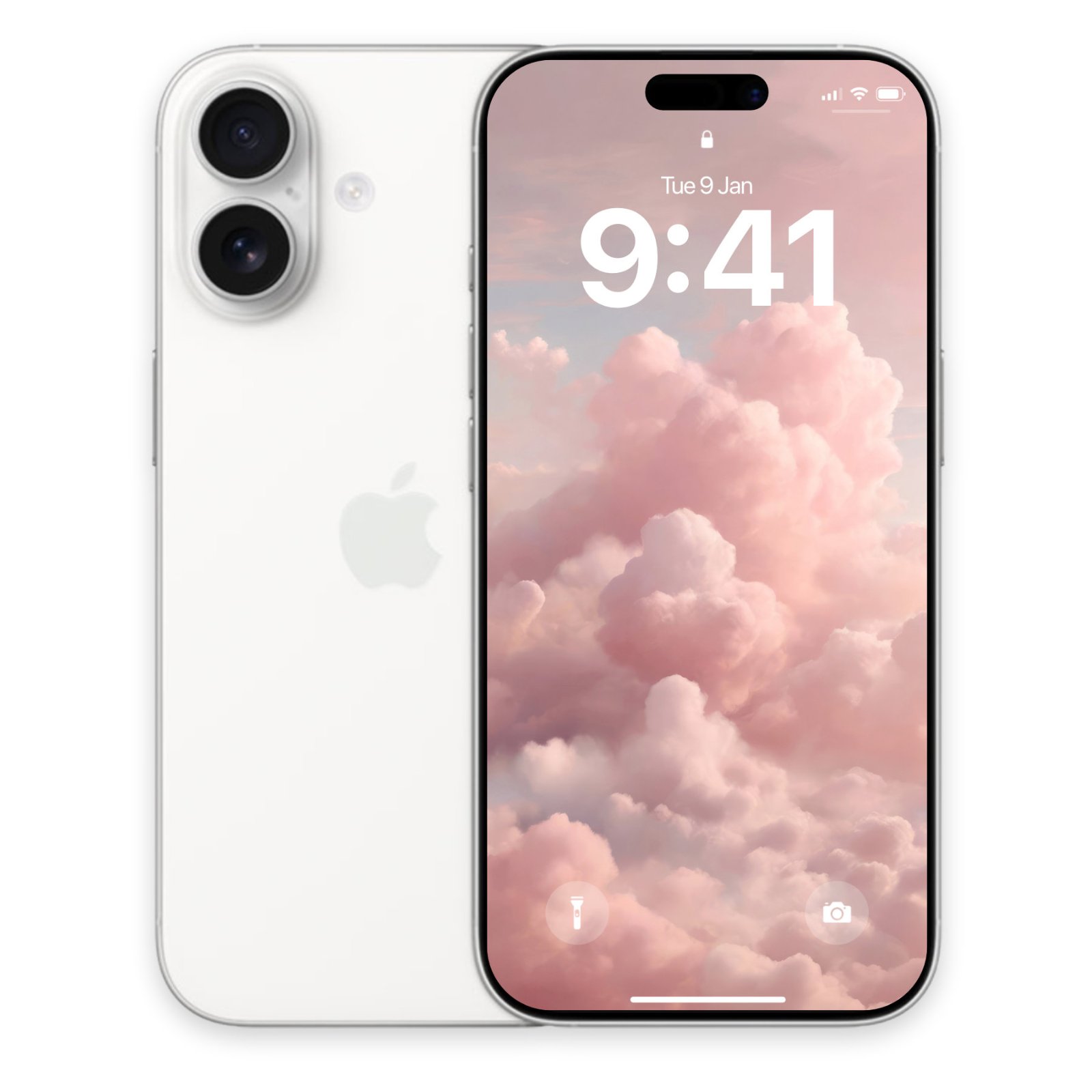 A white smartphone with double rear camera showing a screen filled with voluminous blush pink cumulus clouds.