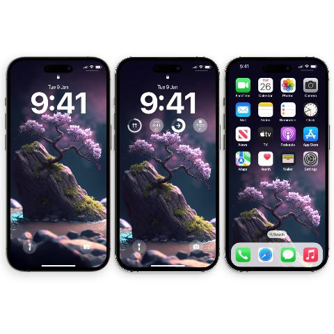 Three iPhone lock screens side by side, all displaying a digital painting of a bonsai tree with purple cherry blossoms on a mossy rock in water, under a violet sky.