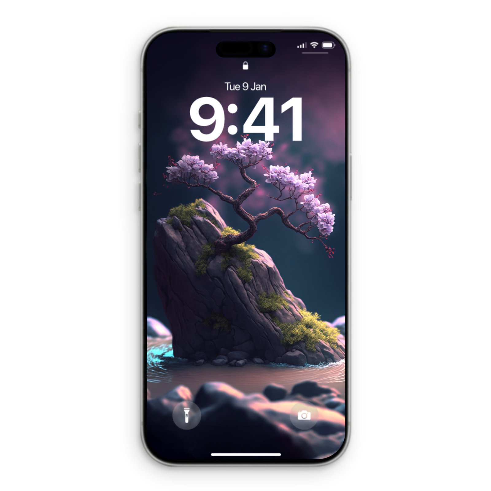 An iPhone lock screen showing a digital painting of a bonsai tree with purple cherry blossoms on a mossy rock in water, under a violet sky.