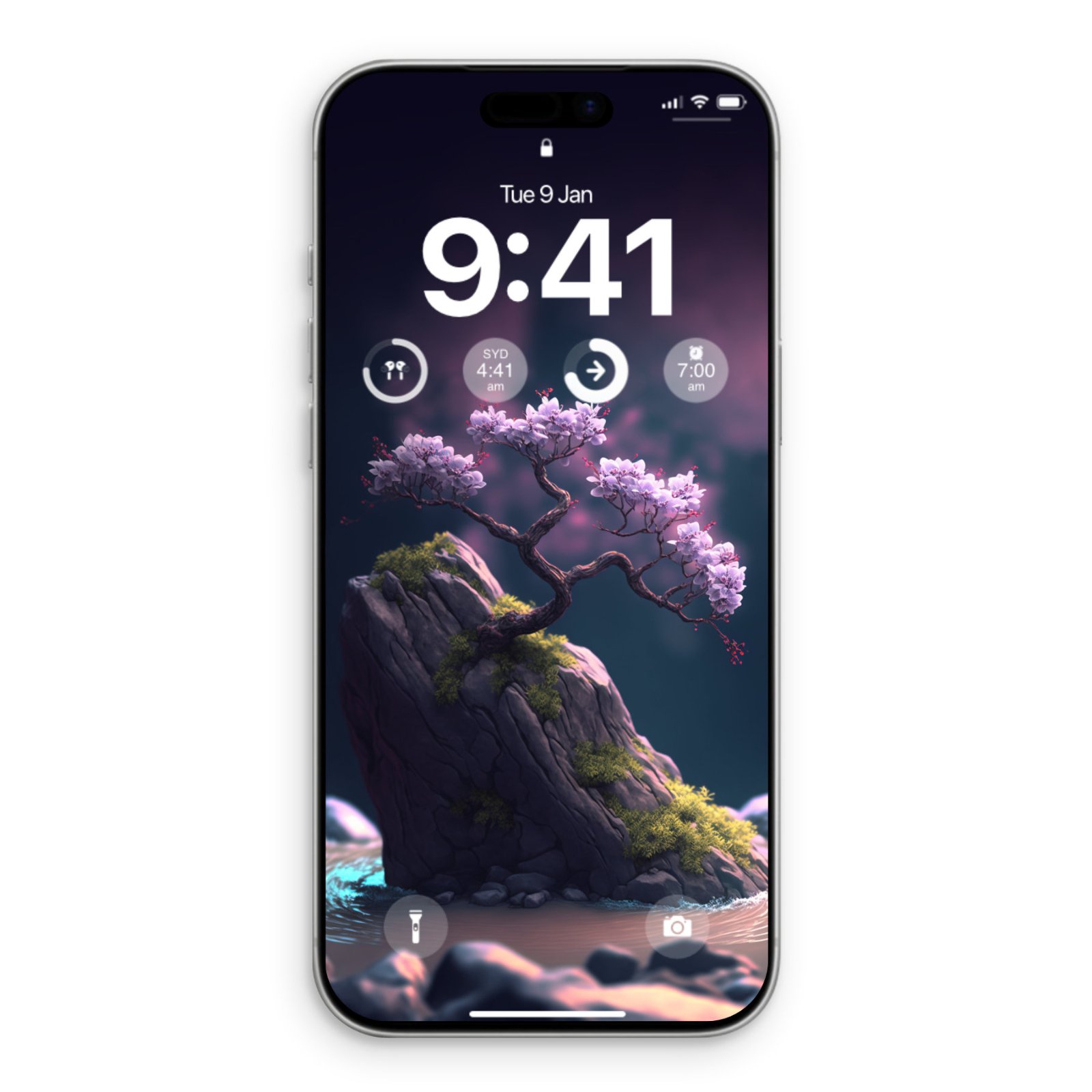 An iPhone lock screen showing a digital painting of a bonsai tree with purple cherry blossoms on a mossy rock in water, under a violet sky, with date and time widgets.