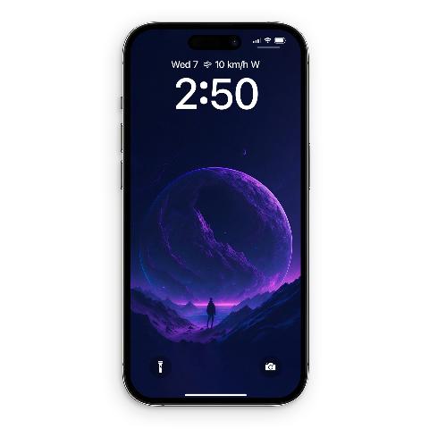 Smartphone screen showing a dark purple fantasy scene with a solitary figure looking at a huge glowing violet planet.