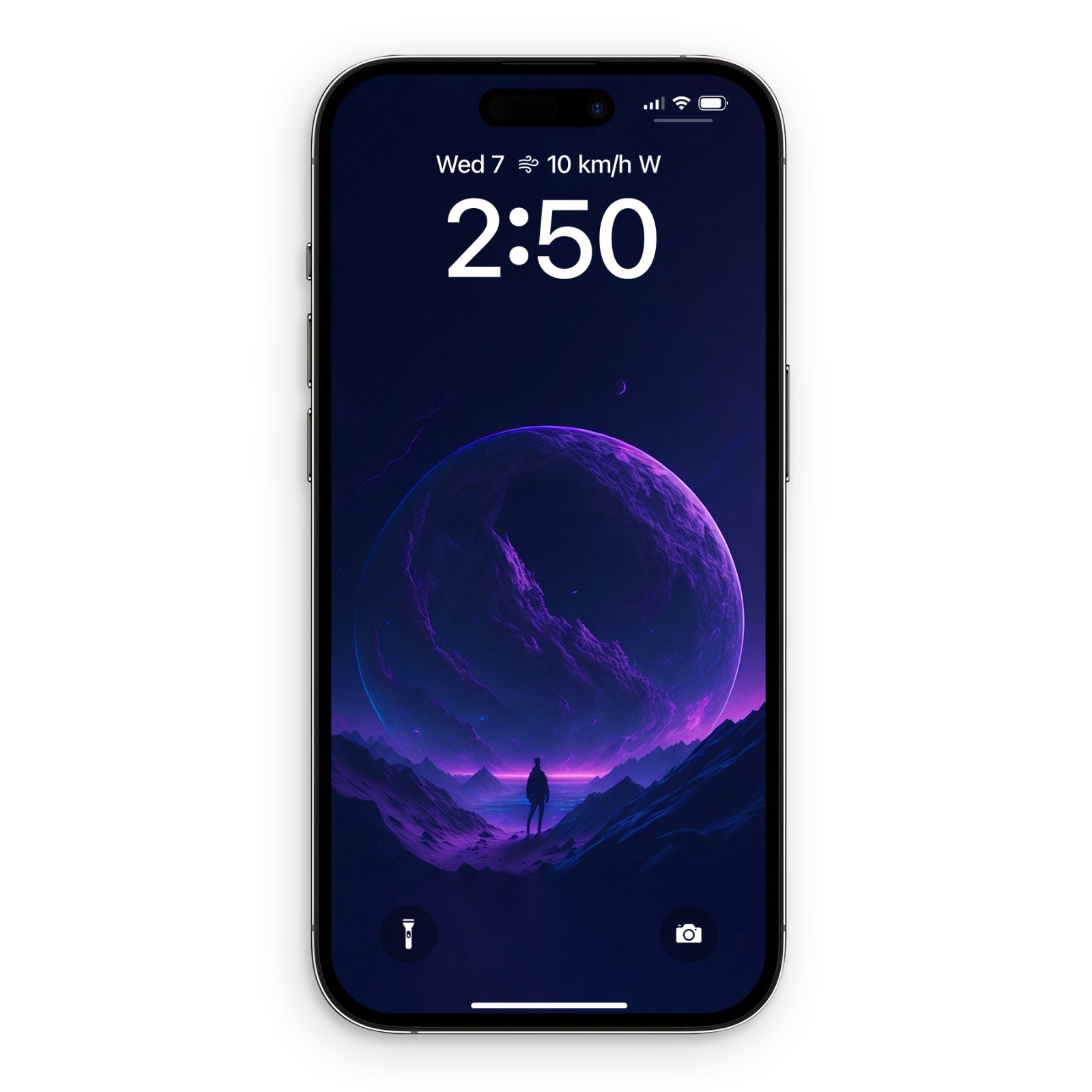 Smartphone screen showing a dark purple fantasy scene with a solitary figure looking at a huge glowing violet planet.