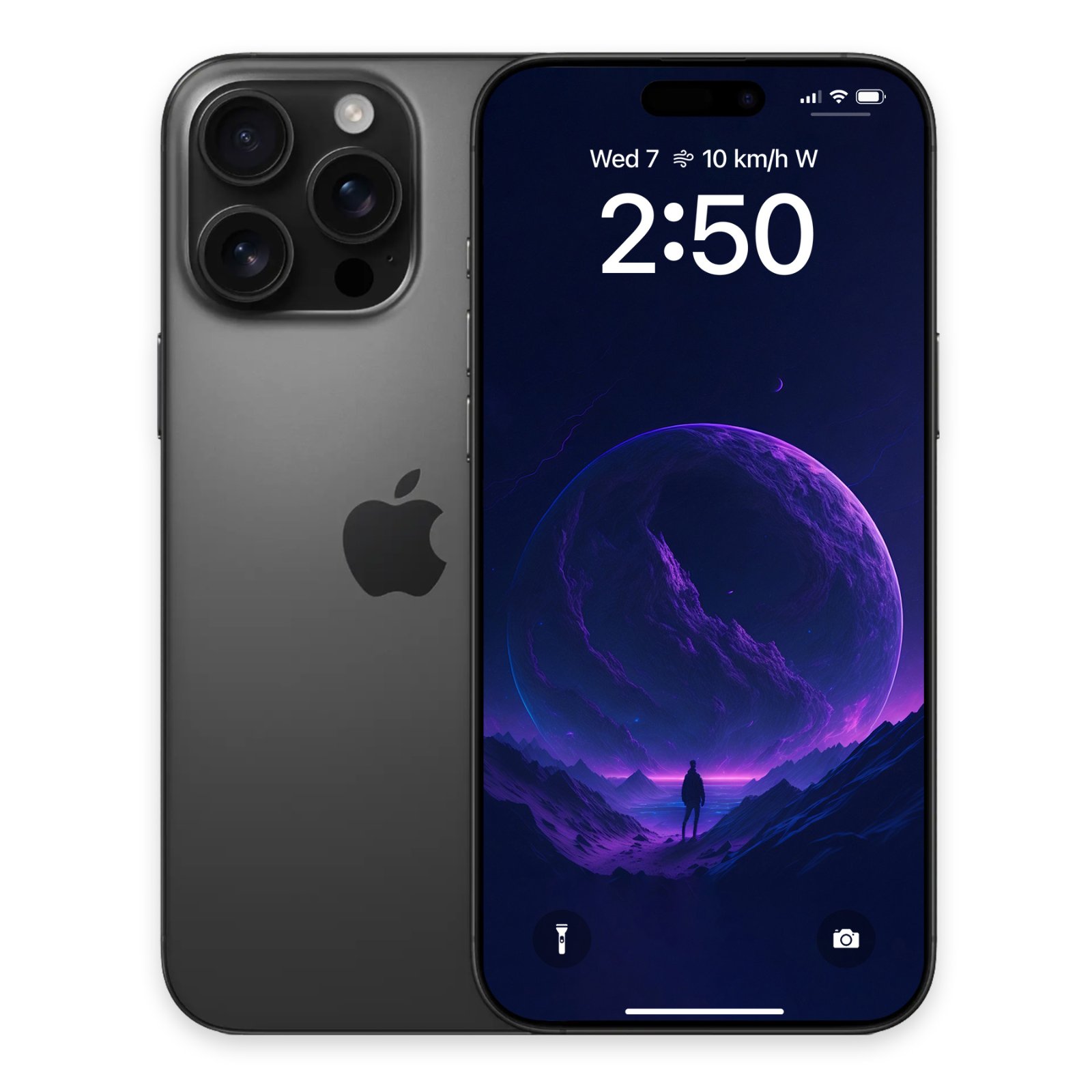 Dark grey smartphone showing the fantasy wallpaper with a glowing purple planet on its lock screen.