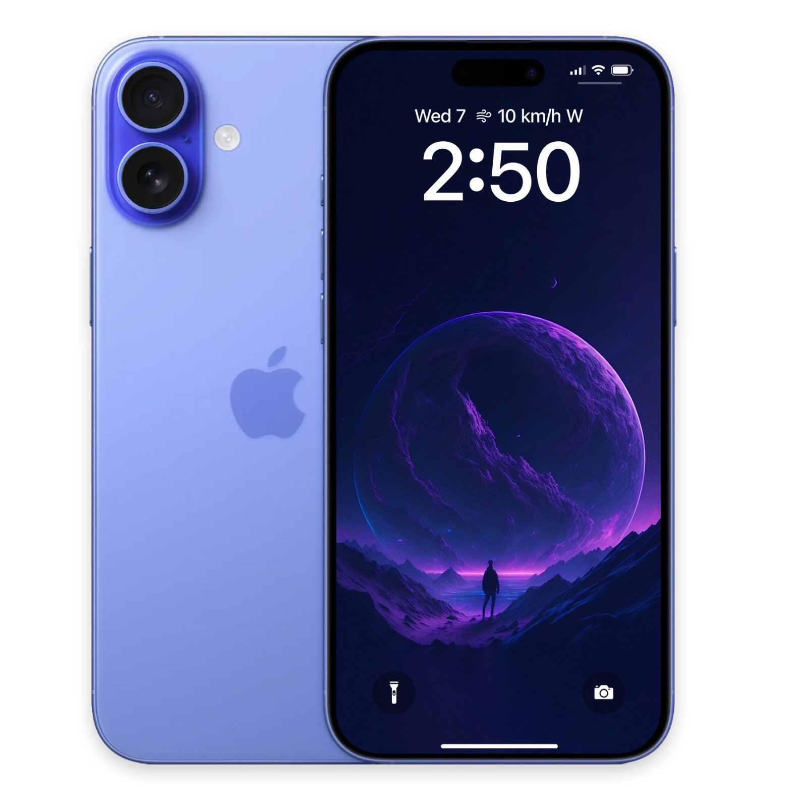 Light purple smartphone displaying a dark fantasy cosmic landscape wallpaper with a large planet.