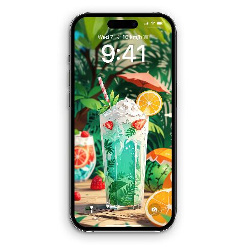 An iPhone 15 Pro showing a wallpaper of a mint-green tropical drink with whipped cream, strawberries, and an orange slice against a jungle background.