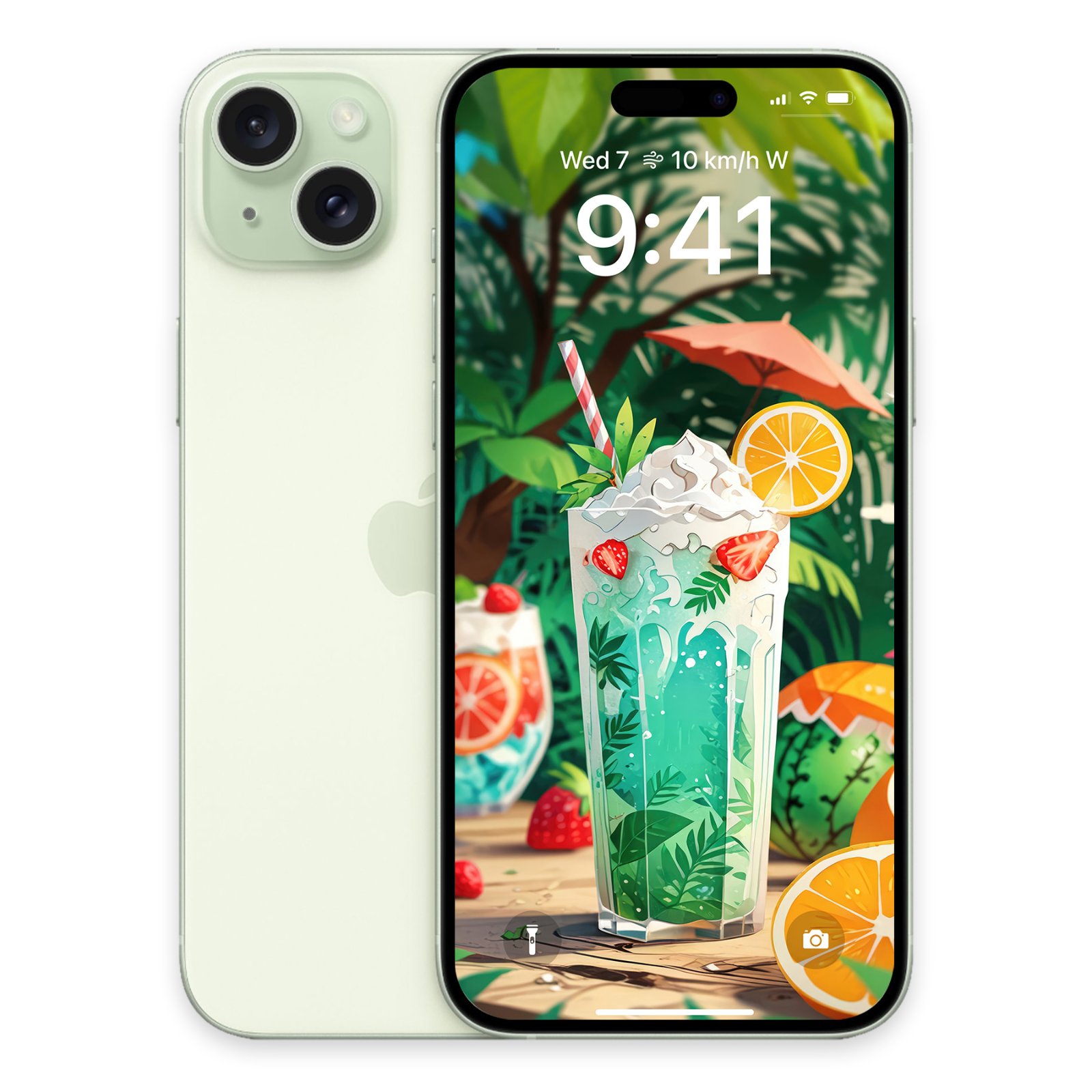 A pale green iPhone 14 with a wallpaper of a mint-green tropical drink with whipped cream, strawberries, and an orange slice against a jungle background.