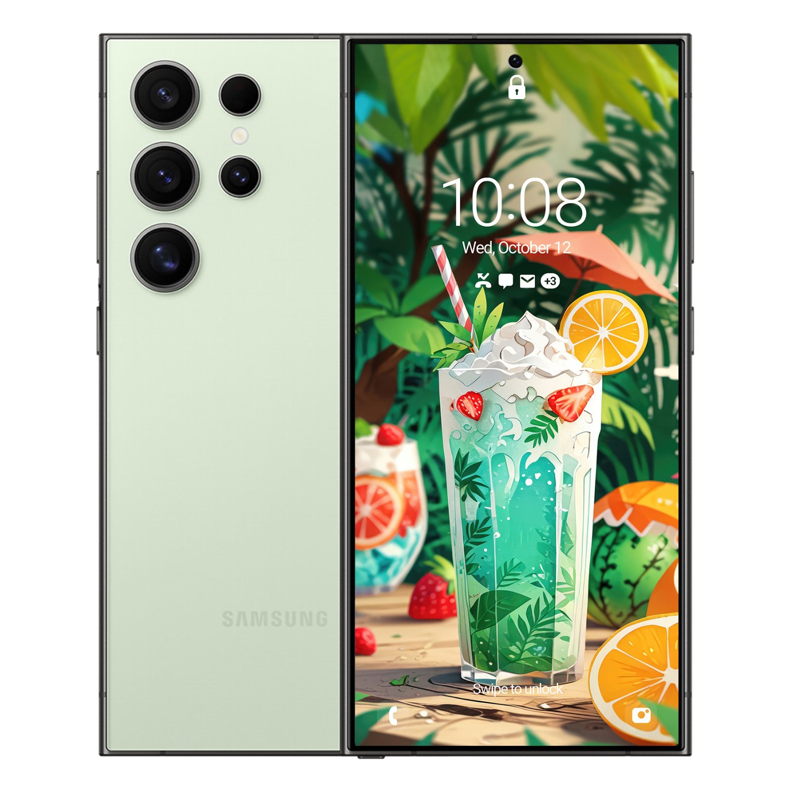 A pale green Samsung Galaxy S23 Ultra with a wallpaper of a mint-green tropical drink with whipped cream, strawberries, and an orange slice against a jungle background.
