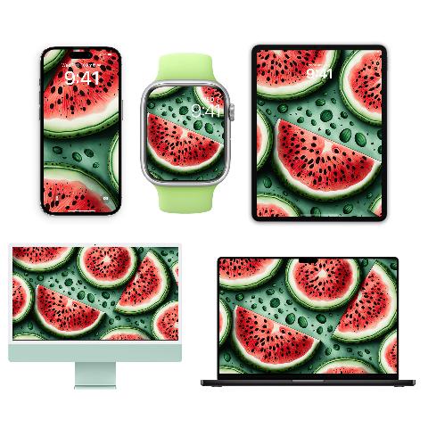 A collection of Apple devices including a phone, smartwatch, tablet, desktop computer, and laptop, all displaying a pattern of painted watermelon slices on a sage green background.