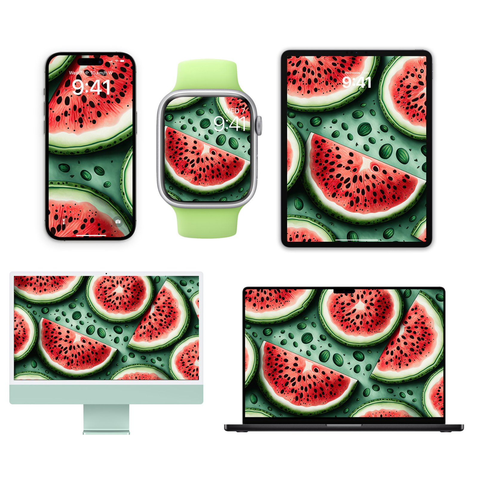 A collection of Apple devices including a phone, smartwatch, tablet, desktop computer, and laptop, all displaying a pattern of painted watermelon slices on a sage green background.