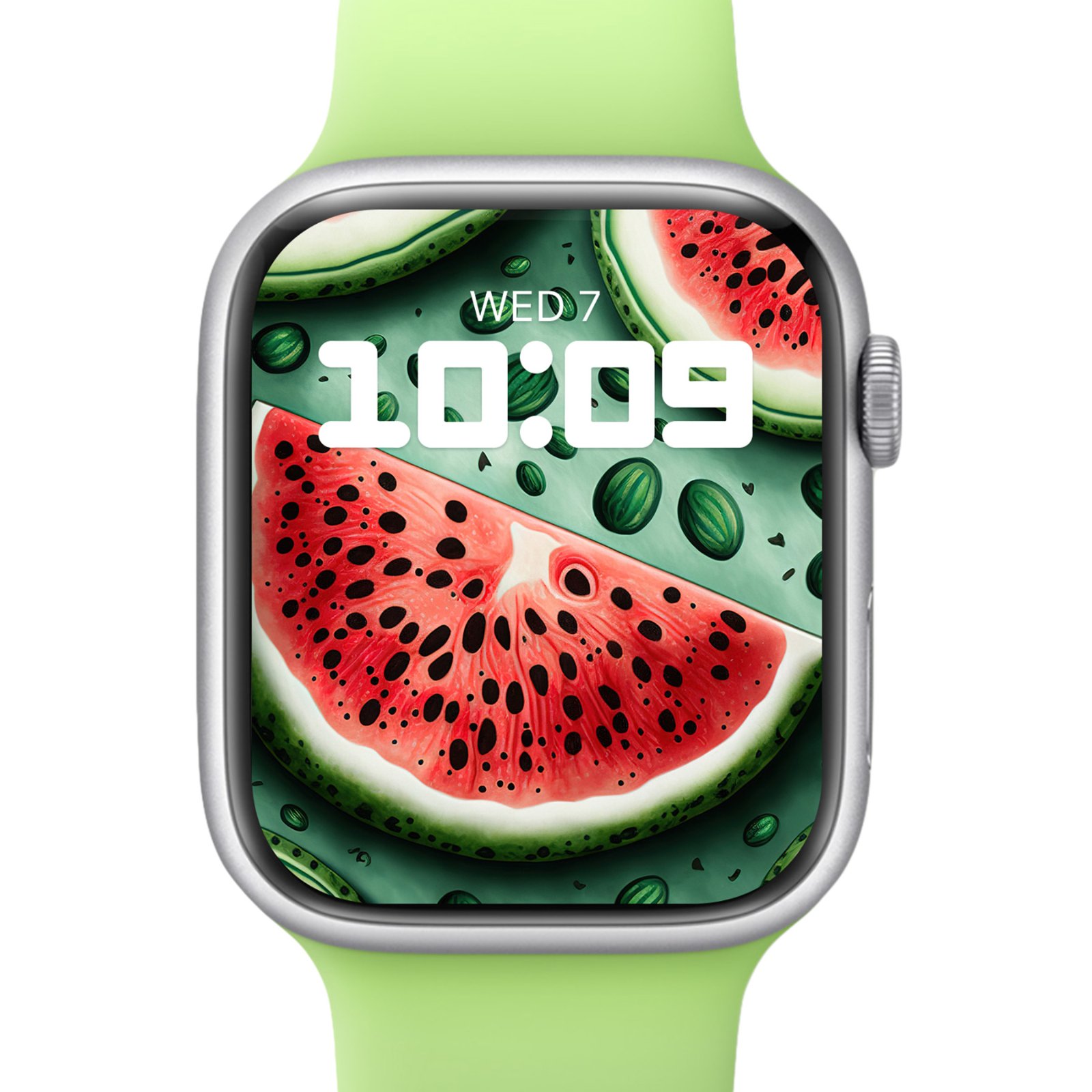 A smartwatch with a lime green band displaying a painted watermelon slice on its screen.