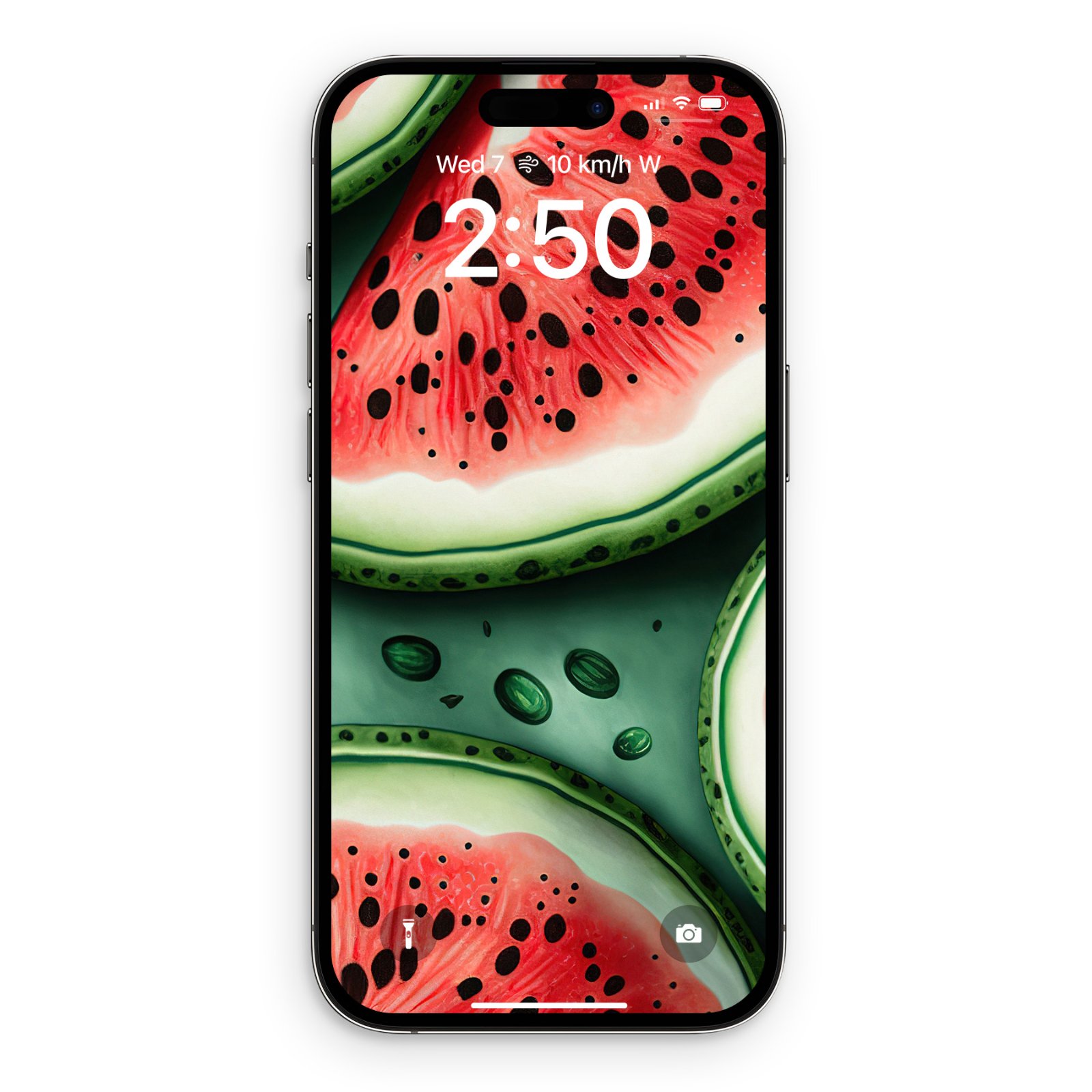 A smartphone lock screen displaying a close-up image of painted watermelon slices with black seeds.