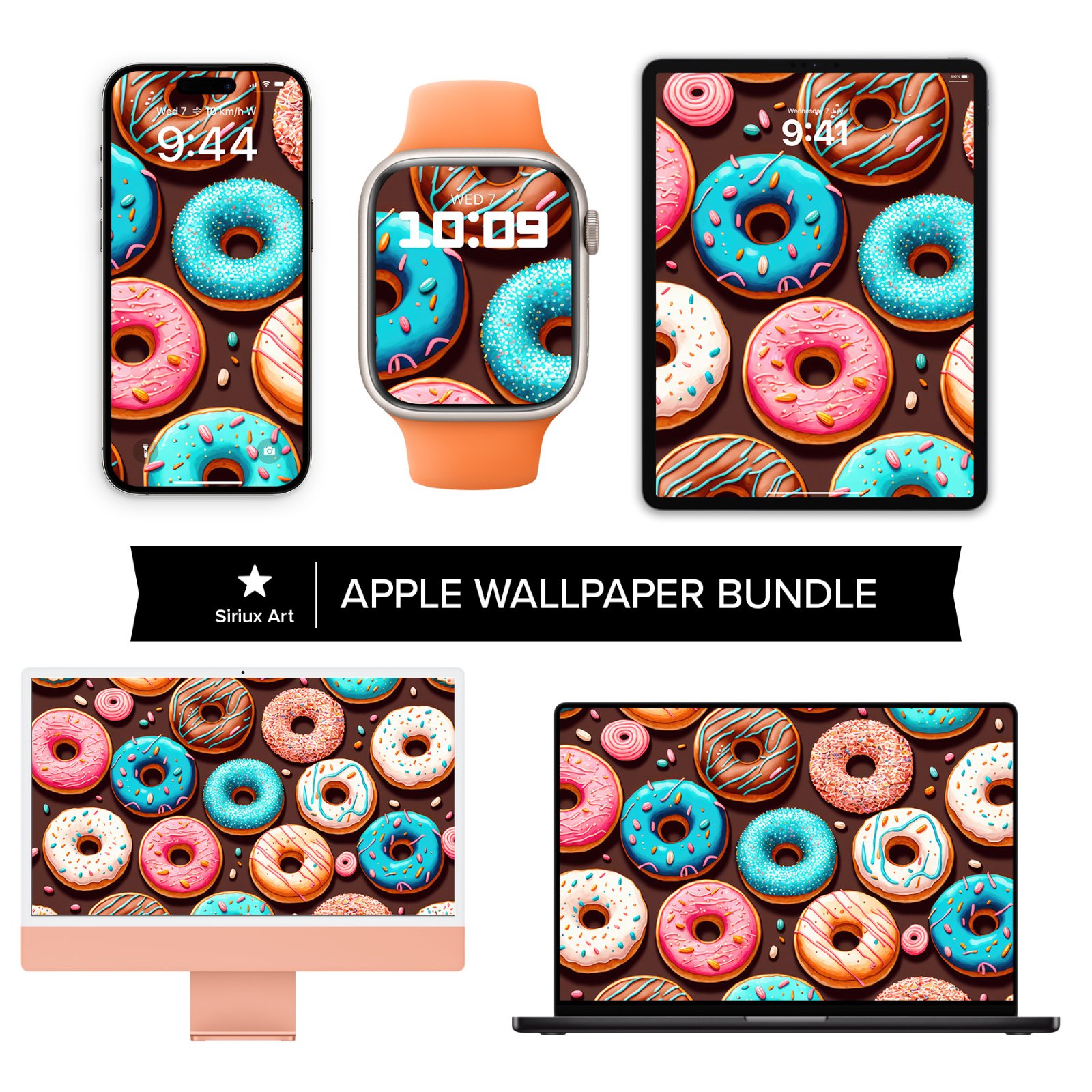 An array of Apple devices featuring a colorful pattern of frosted donuts with sprinkles over a dark chocolate brown background.
