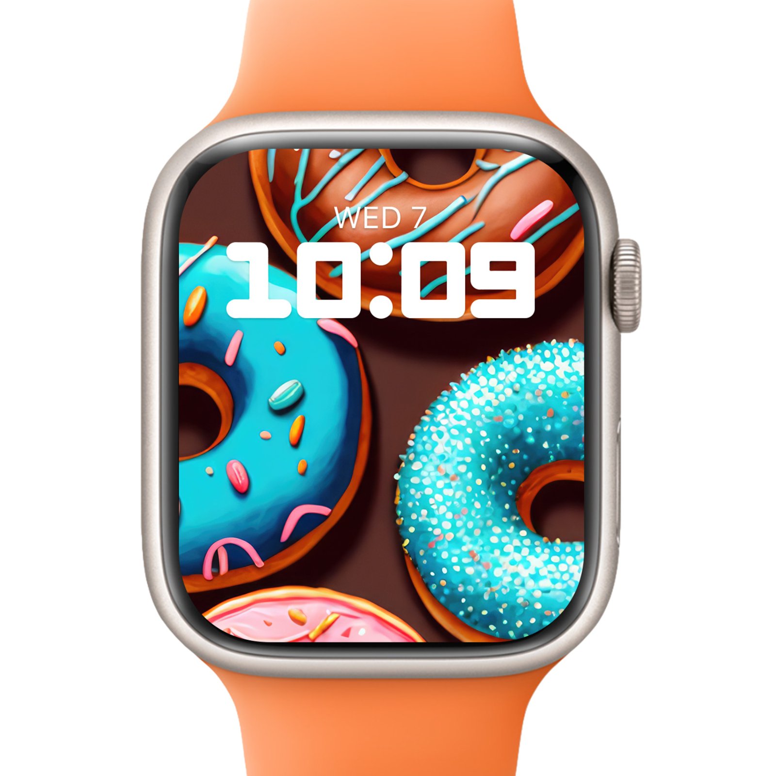 A smartwatch display framed in orange showing bright blue and pink frosted donuts on a dark background.