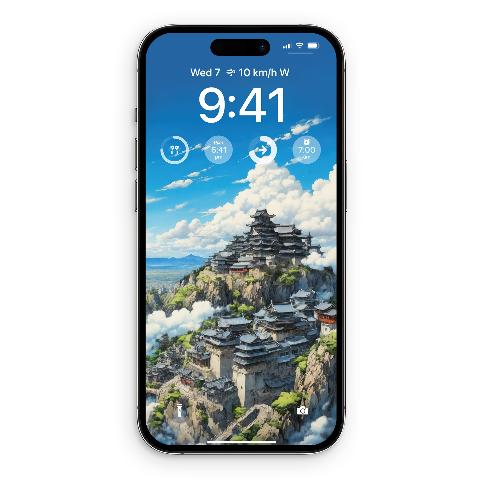 A smartphone screen displaying an illustration of a multi-tiered Japanese castle perched on rocky, mossy cliffs against a bright blue sky with fluffy white clouds.