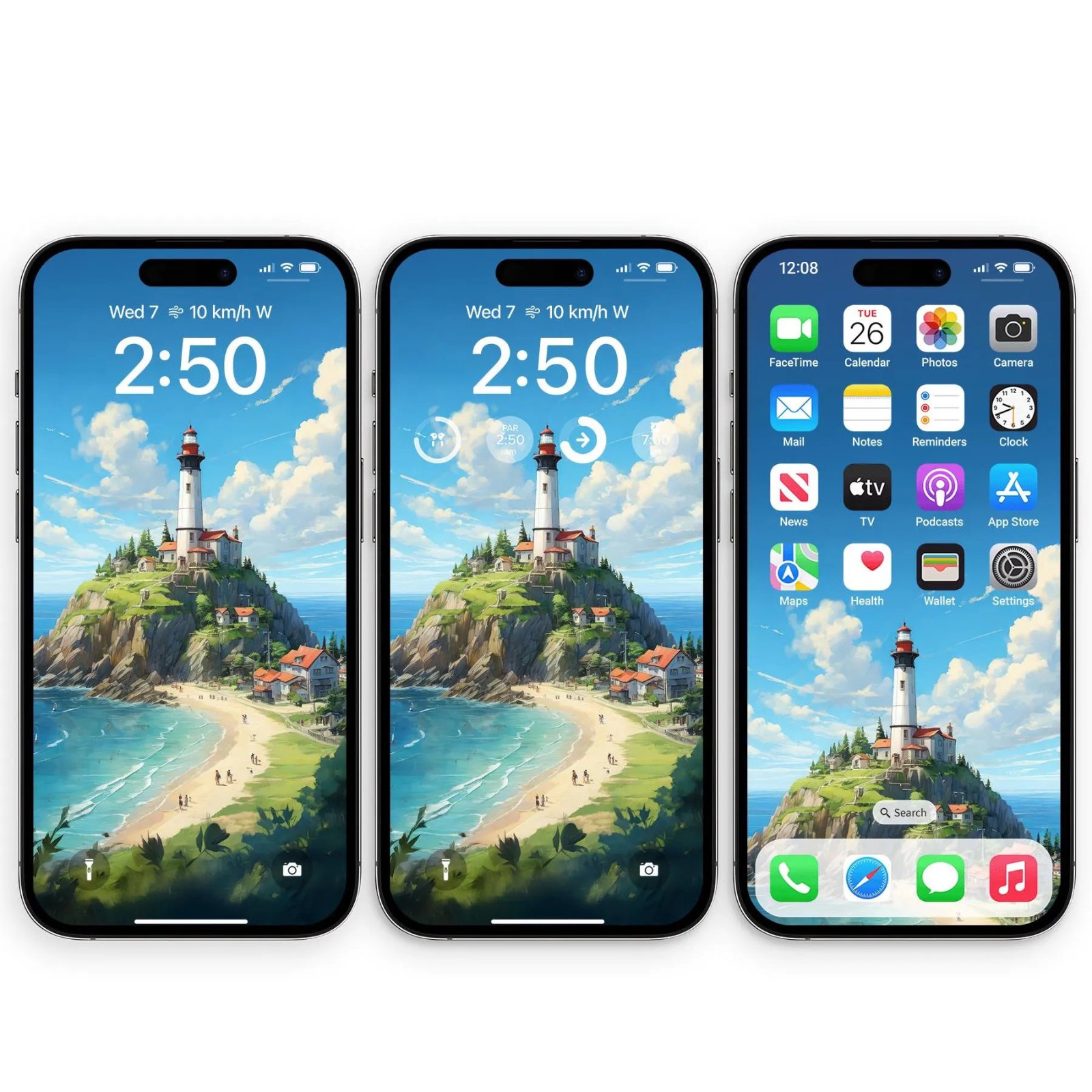 Three iPhones side by side showing a painterly landscape wallpaper of a white and red lighthouse on a grassy coastal cliff above a sandy bay with turquoise water and bright blue sky.