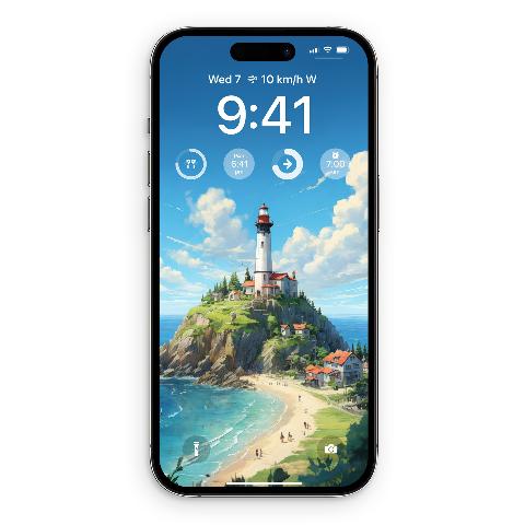 A smartphone screen displaying a painted illustration of a white lighthouse with a red roof on a green rocky island overlooking a sandy beach and blue ocean under a sunny sky.