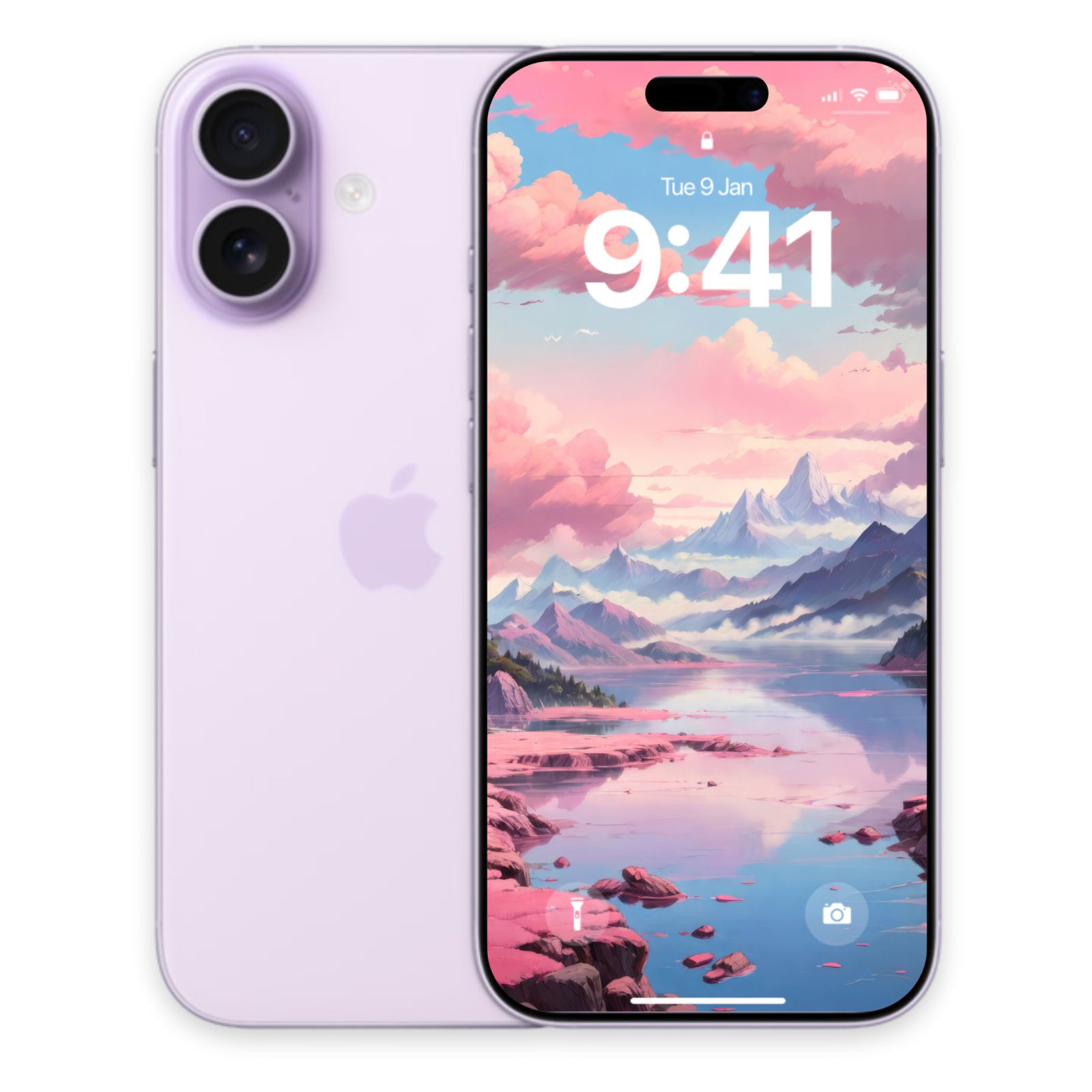 A lavender iPhone 11 with its back facing left, next to a silver iPhone 15 Pro Max displaying the pink mountain lock screen wallpaper.