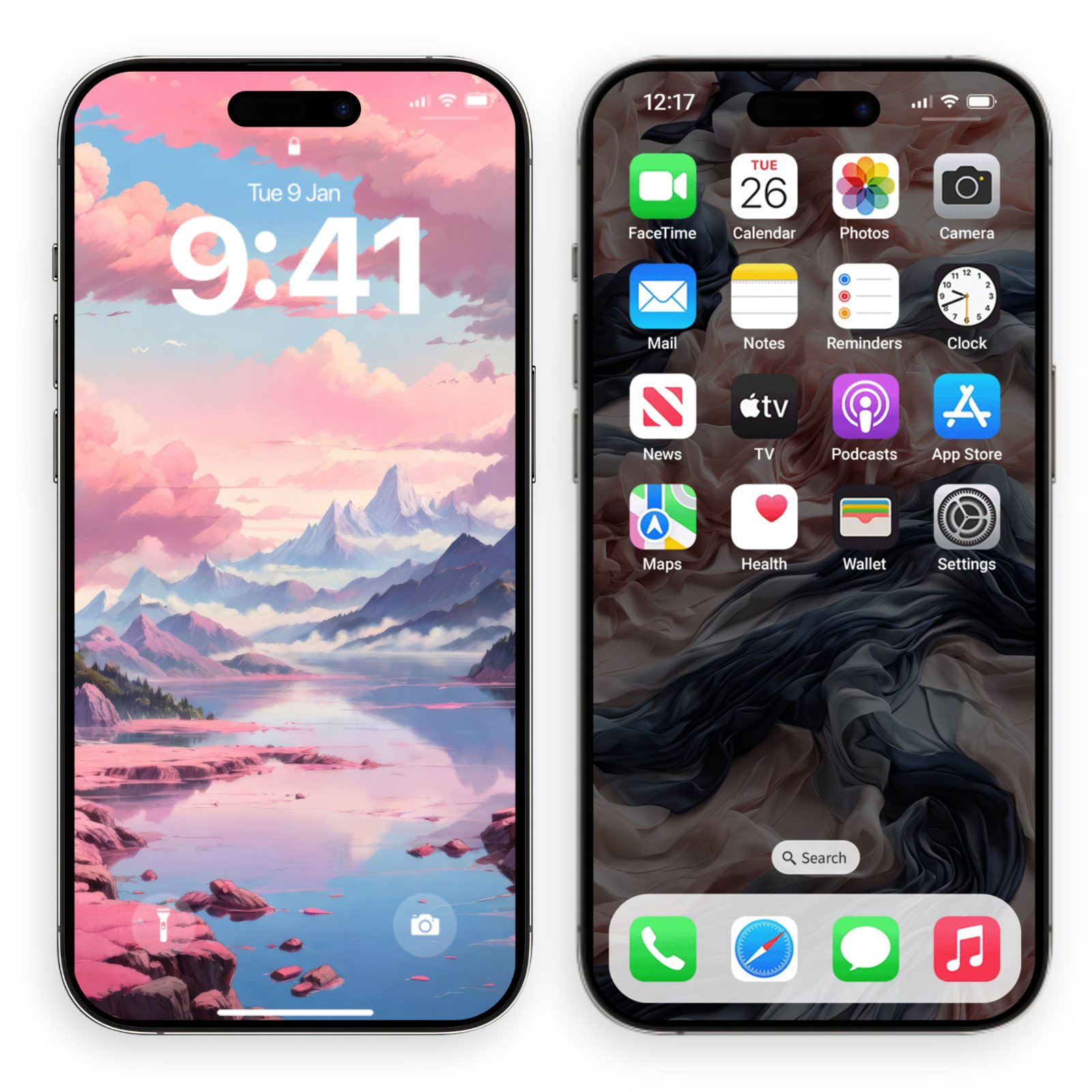 A silver iPhone 15 Pro Max with the pink mountain lock screen next to a black iPhone 15 Pro Max showing a home screen with app icons over a dark, swirling abstract wallpaper.