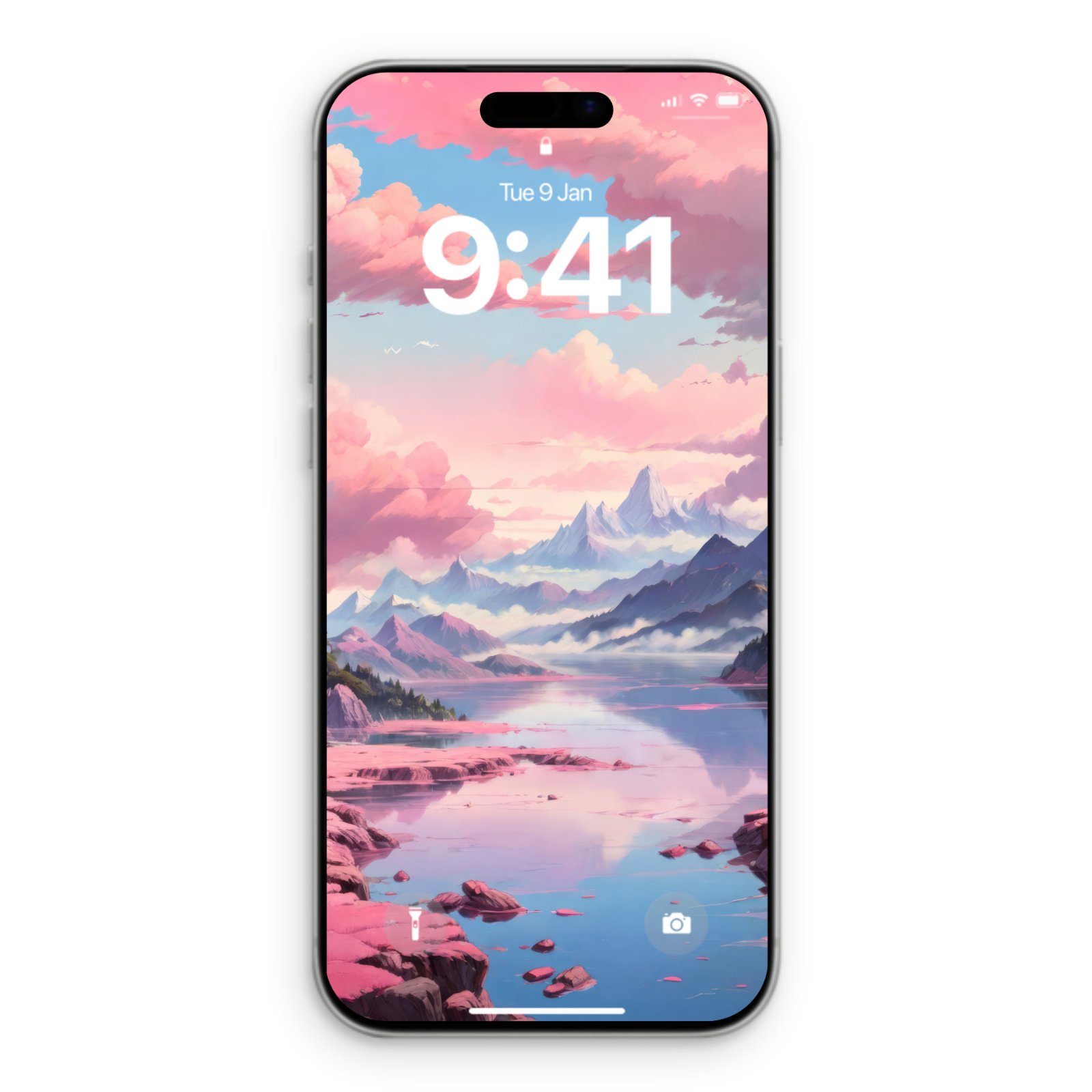 A silver iPhone 15 Pro Max displaying a lock screen wallpaper of a pink mountain landscape. The sky is robin's egg blue with fluffy pink clouds, and jagged slate and lavender mountains reflect in a rose-tinted lake bordered by berry-colored rocks. The time '9:41' and date 'Tue 9 Jan' are visible in