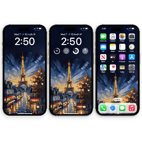 Three black iPhone lock screens display the same Eiffel Tower Paris night impasto wallpaper; the leftmost shows only the time, the middle shows widgets, and the rightmost shows app icons over the wallpaper.