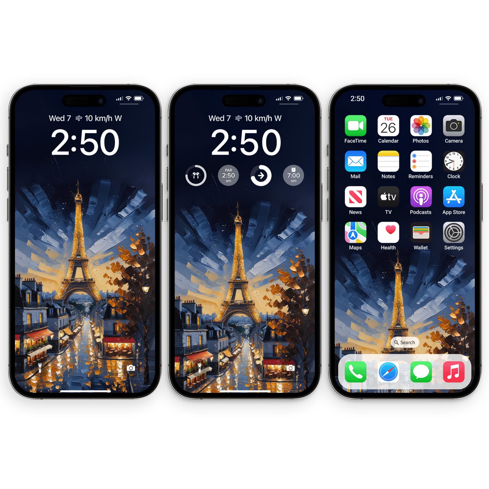 Three black iPhone lock screens display the same Eiffel Tower Paris night impasto wallpaper; the leftmost shows only the time, the middle shows widgets, and the rightmost shows app icons over the wallpaper.