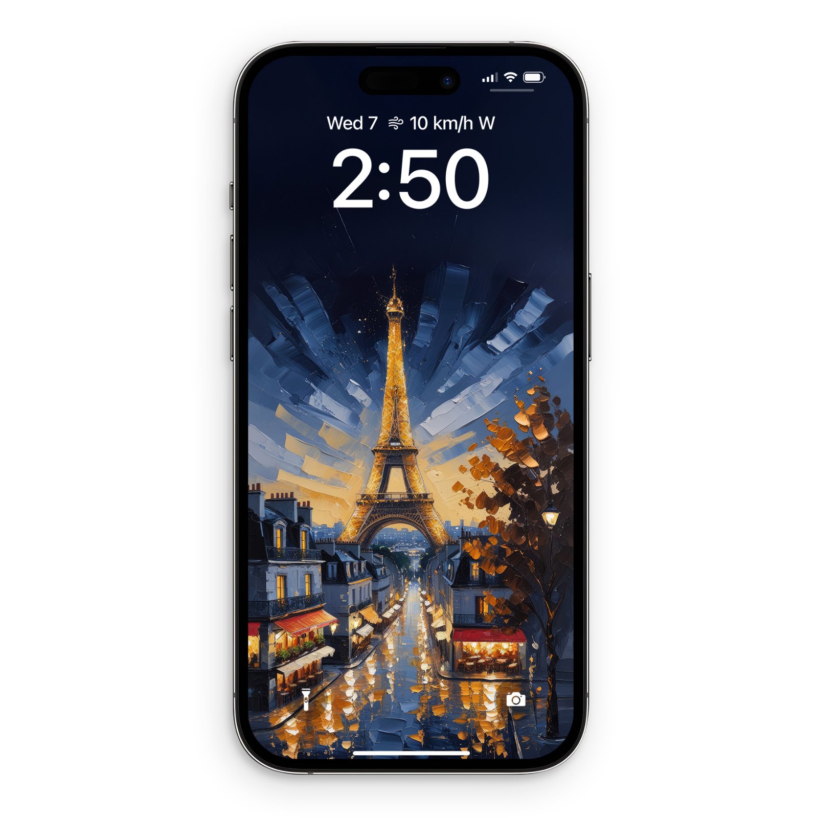 A single black iPhone lock screen displays the Eiffel Tower Paris night impasto wallpaper with the time and date.