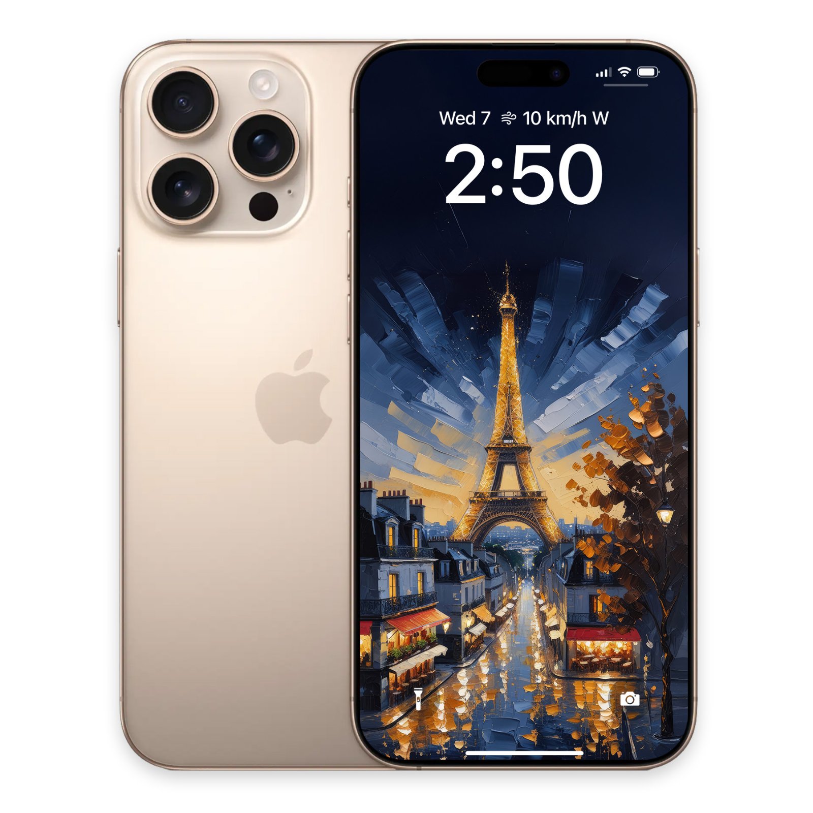 A gold iPhone with its back facing right, next to a black iPhone displaying the Eiffel Tower Paris night impasto wallpaper.