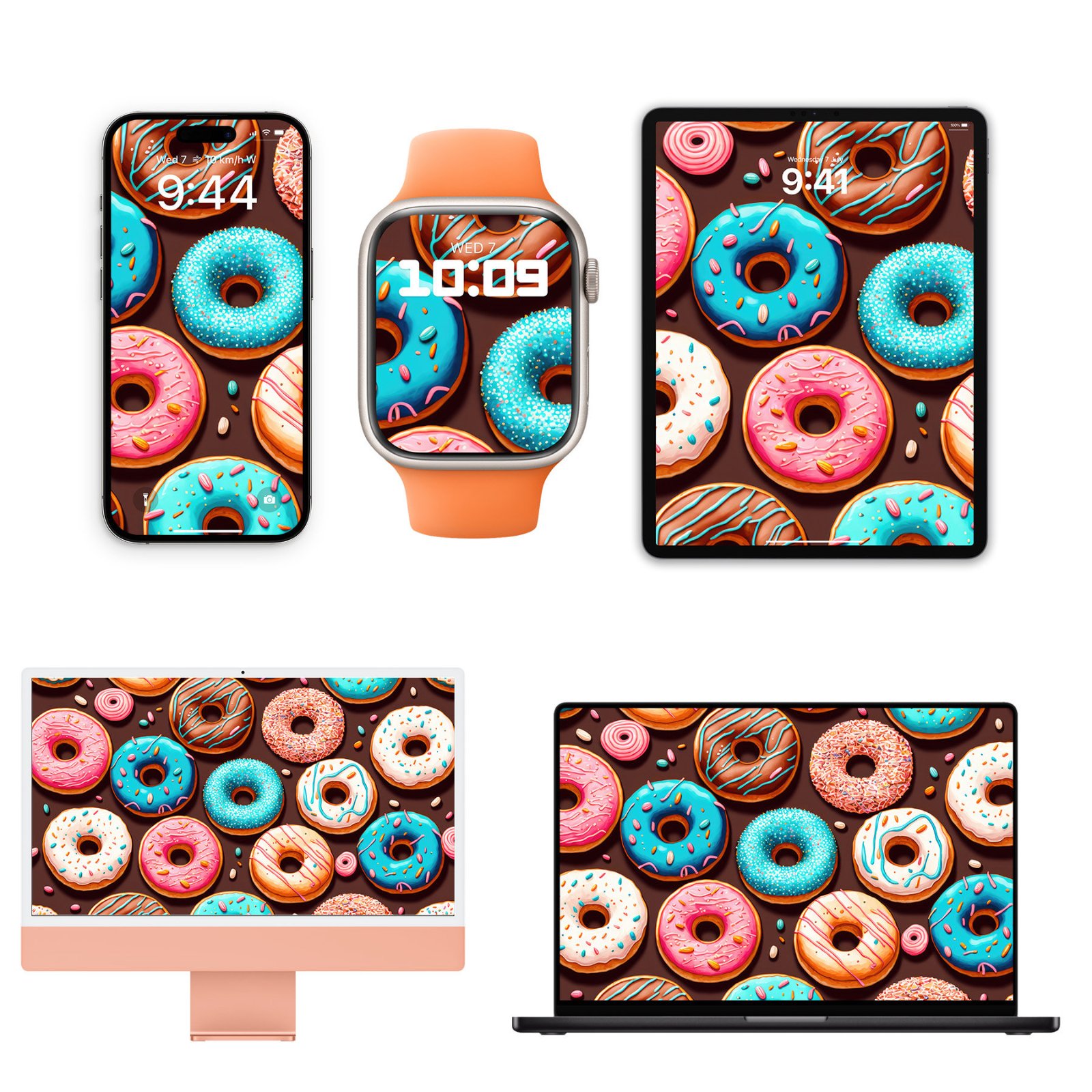 An arrangement of tech devices including an iPhone, Apple Watch, iPad, iMac, and MacBook displaying a wallpaper pattern of pink, blue, chocolate, and vanilla frosted glazed donuts on a brown background.
