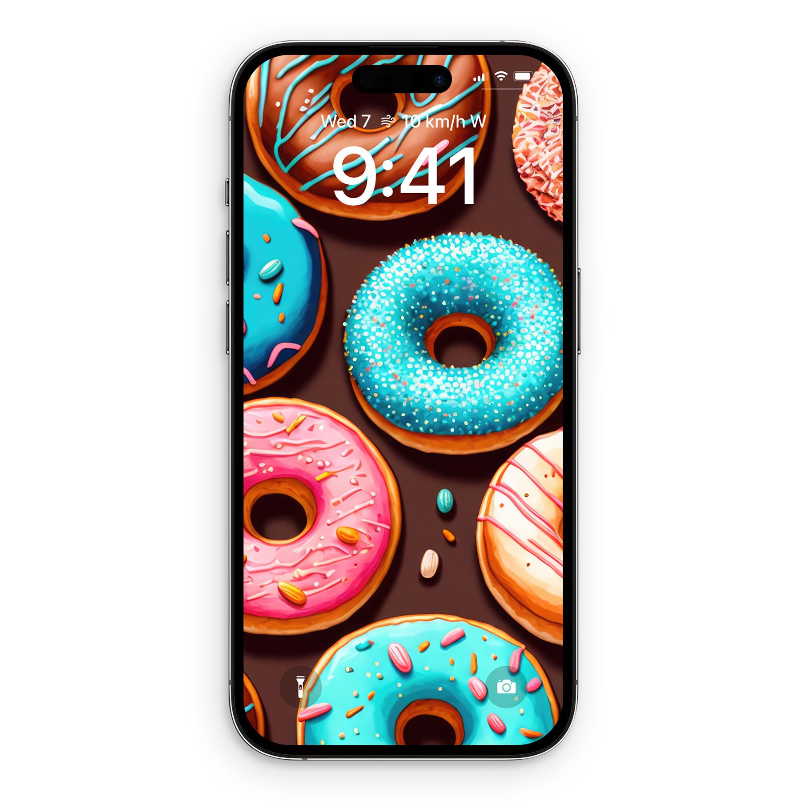 An iPhone displaying a wallpaper with a repeating pattern of colorful donuts on a dark chocolate background, with the time 9:41 visible.