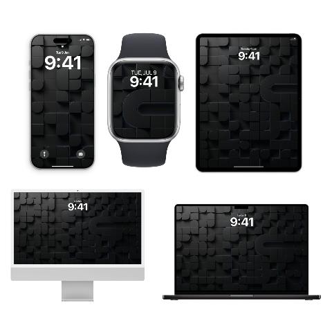 A minimalist white background displays five Apple devices: an iPhone, Apple Watch, iPad, iMac, and MacBook. All screens show a dark mode wallpaper with a dense, three-dimensional pattern of matte black geometric shapes and raised cylinders, subtly lit by blue rim light. The time '9:41' is prominentl