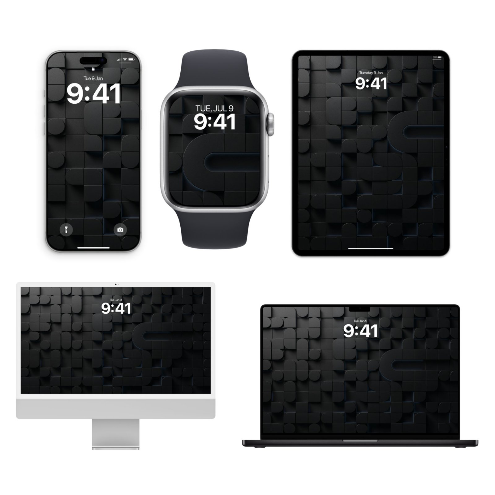 A minimalist white background displays five Apple devices: an iPhone, Apple Watch, iPad, iMac, and MacBook. All screens show a dark mode wallpaper with a dense, three-dimensional pattern of matte black geometric shapes and raised cylinders, subtly lit by blue rim light. The time '9:41' is prominentl