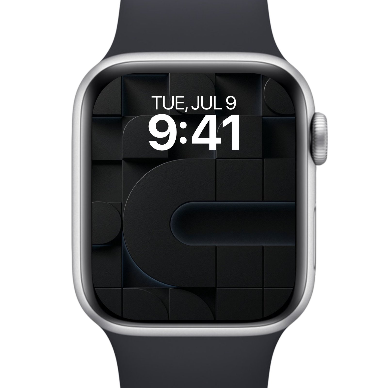 An Apple Watch displaying a dark mode wallpaper with a dense, three-dimensional pattern of matte black geometric shapes and raised cylinders, subtly lit by blue rim light. The time '9:41' is prominently displayed.