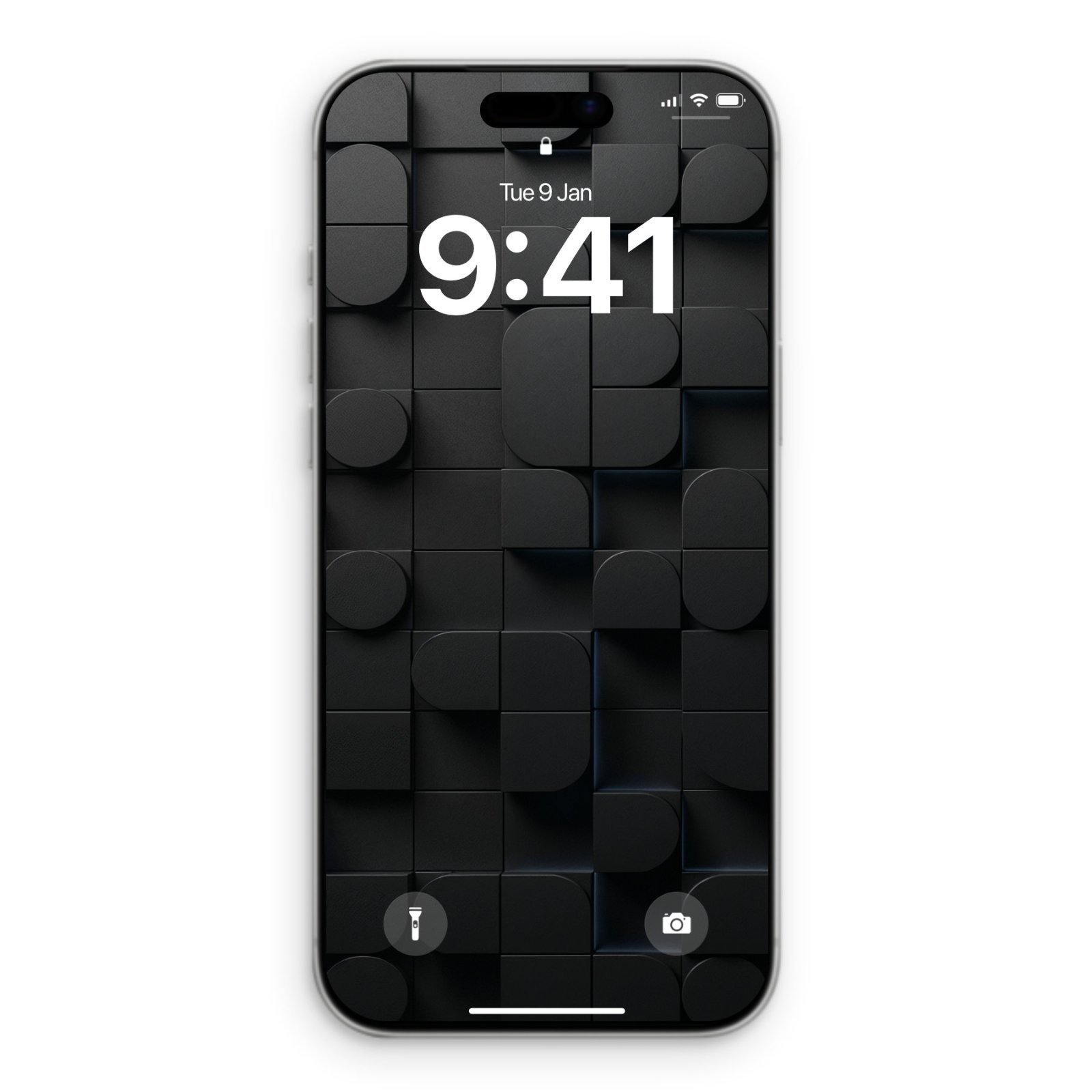 An iPhone displaying a dark mode wallpaper with a dense, three-dimensional pattern of matte black geometric shapes and raised cylinders, subtly lit by blue rim light. The time '9:41' is prominently displayed.