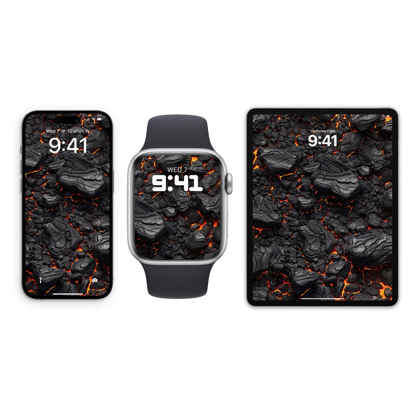 An iPhone, Apple Watch, and iPad showing a dark wallpaper of layered charcoal rock with glowing orange lava veins in the cracks.